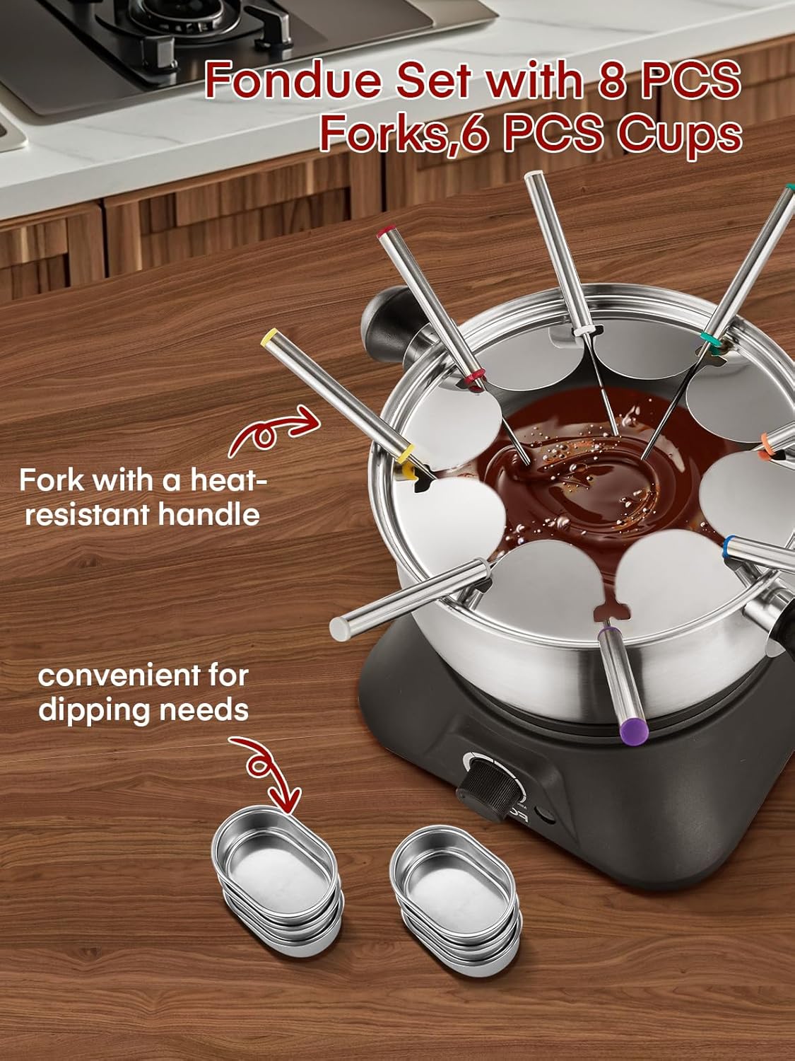 FOHERE 1500W Electric Fondue Pot Set, 1.4QT Non-Stick Electric Fondue Pot with 8 Color-Coded Forks, 6 Pcs Cups and Anti-Scald Handle, Precise Temperature Control for Cheese,Chocolate,Oil and Broth