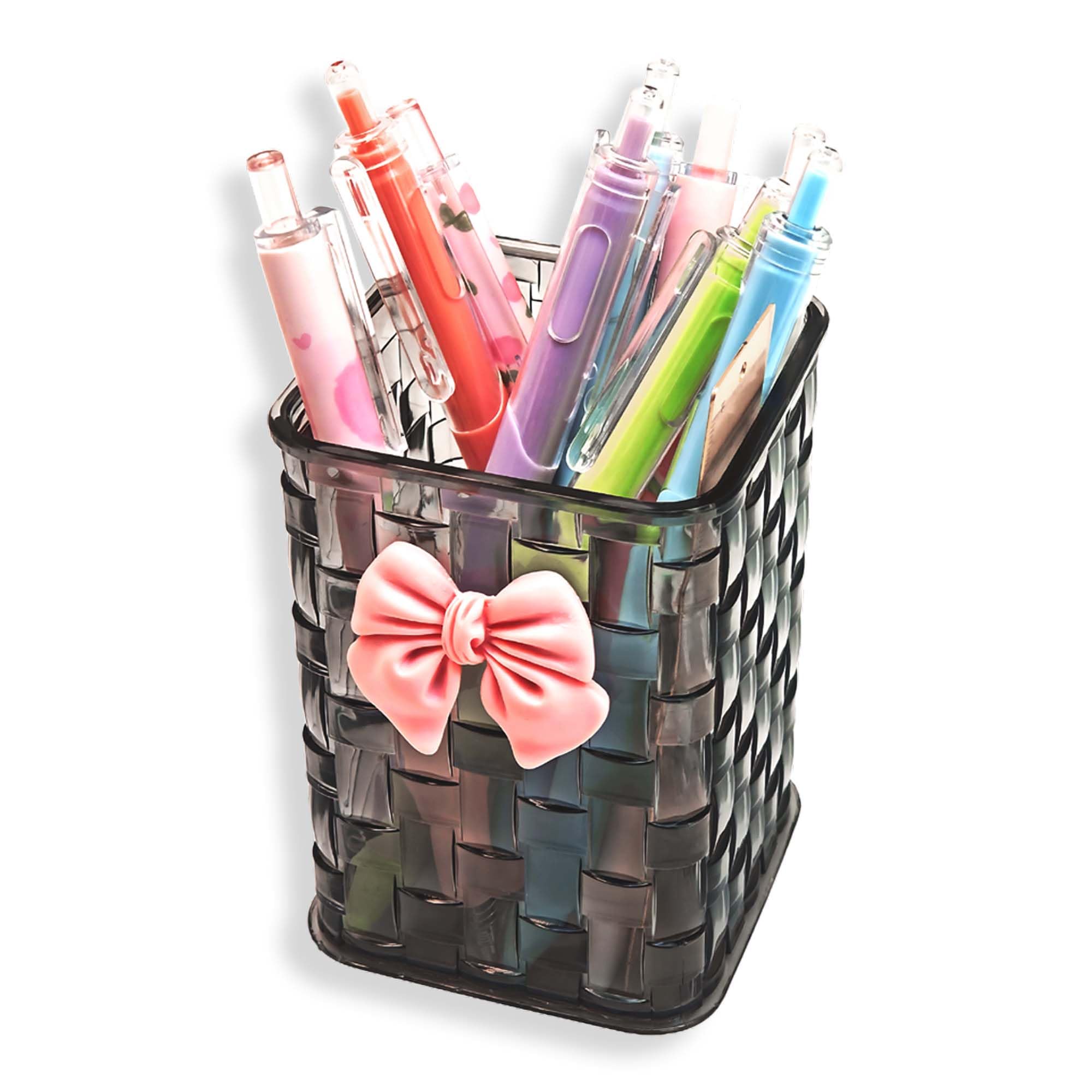 Pen Holder for Desk Cute Acrylic Makeup Brush Holder, Woven Texture with Bow Decor, Desk Stationery Desktop Caddy Cosmetic Accessories for Office, Home, School, Kitchen - Smokey Grey