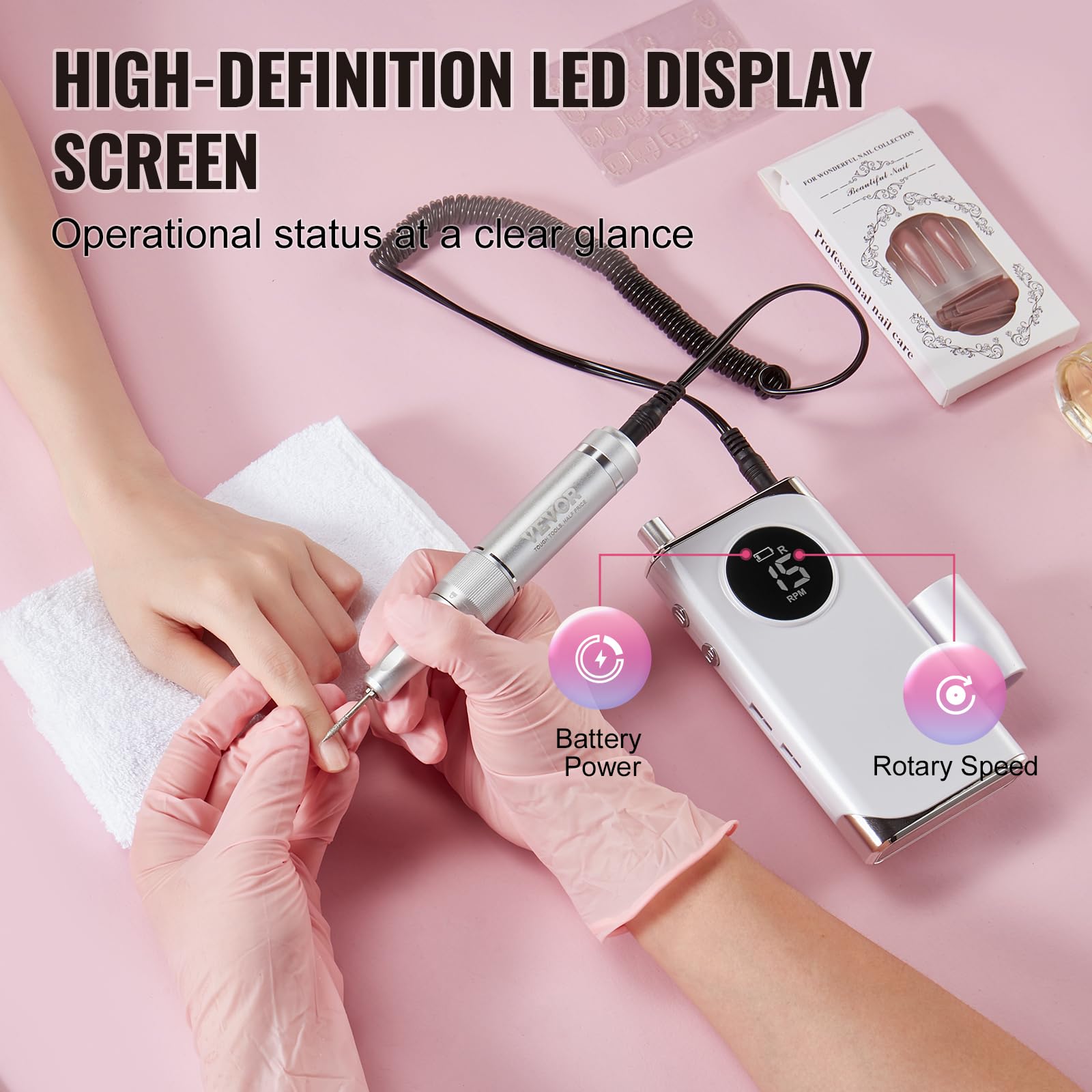 VEVOR Taladro de Uñas Eléctrico Recargable, Máquina de Lima de Uñas Inalámbrica Portátil de 40.000 RPM, Herramienta de Amoladora de Gel Acrílico para Manicura Pedicura Tallar Esmalte, 157 x 76 x 42 mm