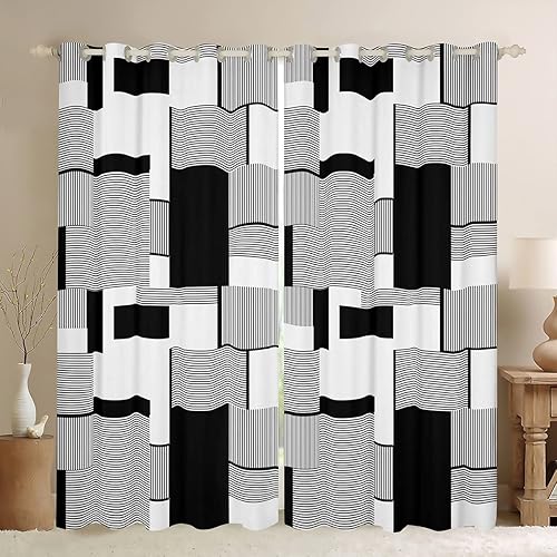 Cortinas opacas con cuadrícula geométrica de 30 % a 50 %, color gris, negro y blanco, cortinas cuadradas para dormitorio, sala de estar, estilo