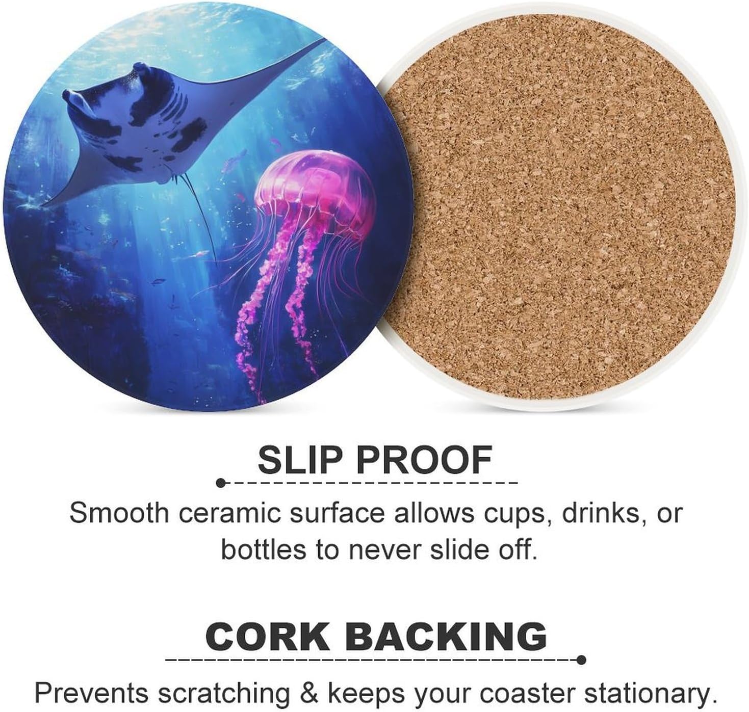 Manta Ray Jellyfish Round Ceramic Coasters for Drinks Absorbent Cup Holder Tabletop Protector with Cork Base