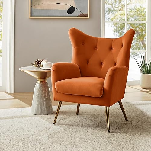 Miniatura 8 de HULALA HOME Silla decorativa de terciopelo, moderna silla con brazo con respaldo de alas con patas de metal dorado, silla individual tapizada de