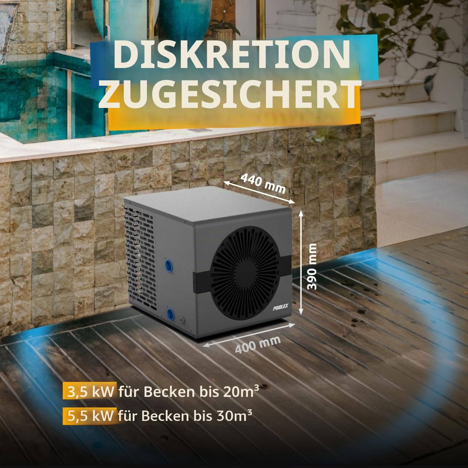 POOLEX – Nano 3 kW Wi-Fi-Wärmepumpe mit intelligenter automatischer Enteisung für kleine kompakte Pools: Aufstell-, teilversenkte, eingelassene oder Holzpools. Leise und reversibel.