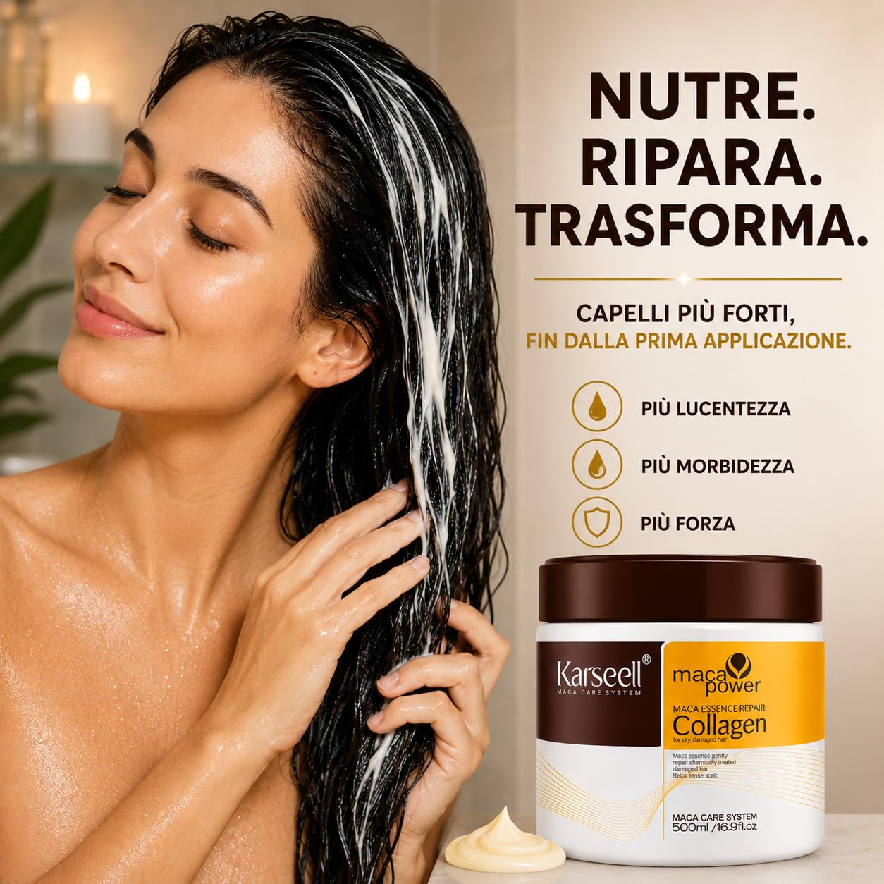 Karseell MACA CARE SYSTEM Maschera Capelli Professionale Collagene Olio Argan Cocco Avocado Cheratina Karité Ristrutturante Nutriente Idratante Anticrespo Capelli Secchi Danneggiati Rovinati 500ml