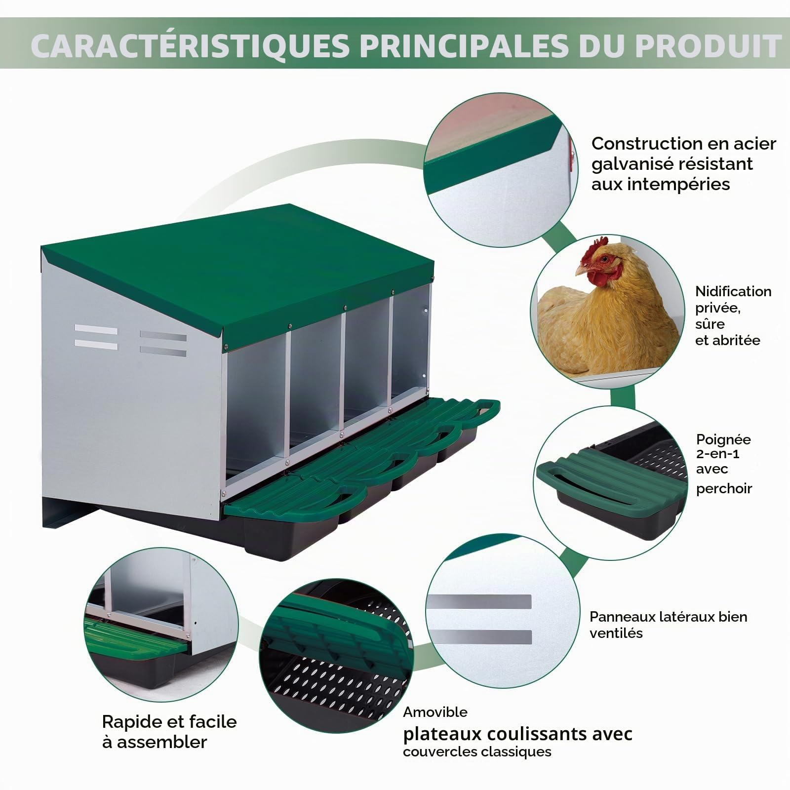 Nichoirs à œufs pour poules, 4 compartiments, nid de poule à déplacer avec trous d'aération et bac récupérateur, crée un espace de collecte sécurisé pour les œufs pondus, nichoirs à fixer au mur