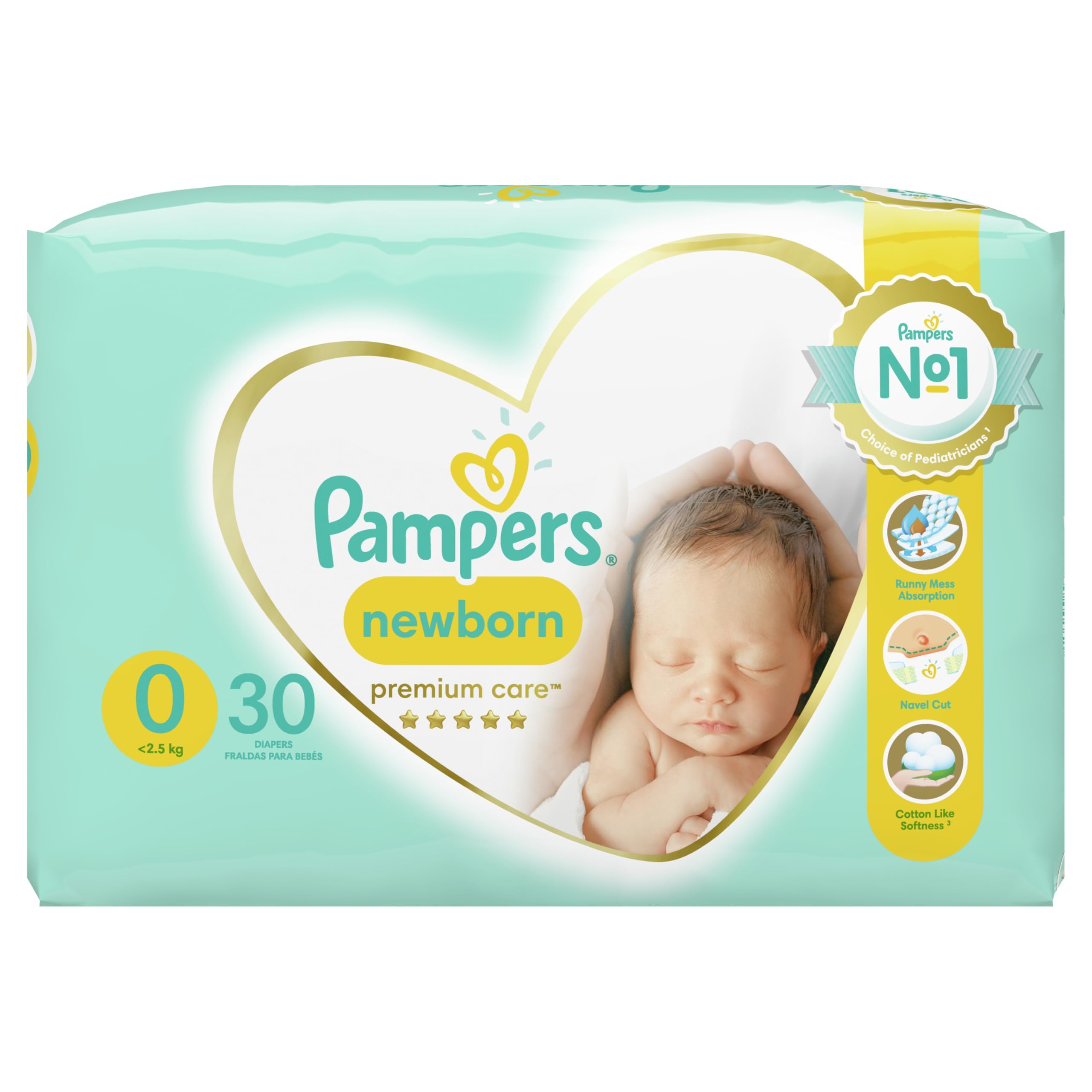 Diaper Size 0 (<3 kg), Premium Care Diapers, 30 Pcs, Best Comfort and Sensitive Skin Protection from Pampers