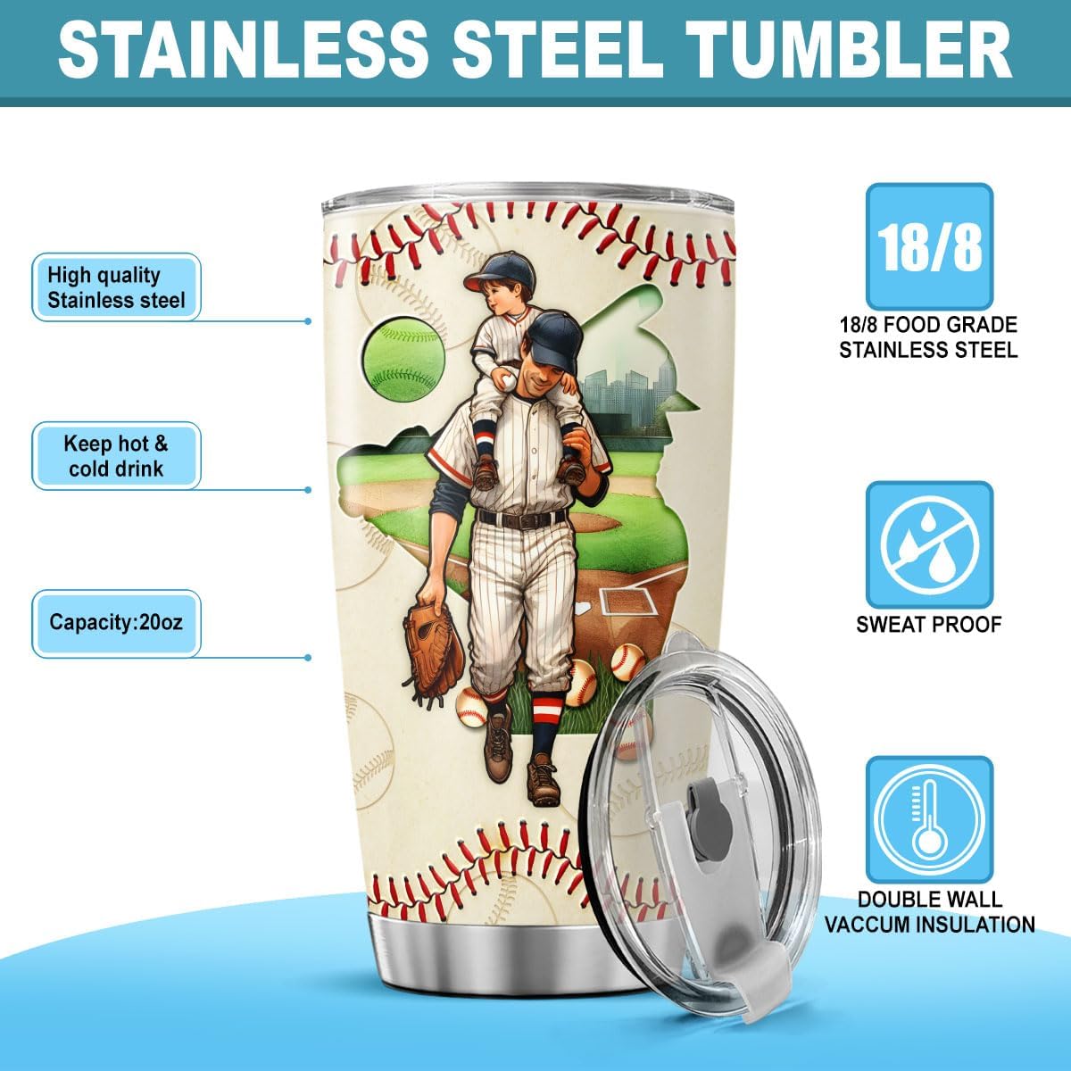 For Cup Fathers Tumblers Day Women Coffee, Tumbler 20 Oz With Lid And Straw, Baseball Gifts, Baseball Player Dad - Image 7