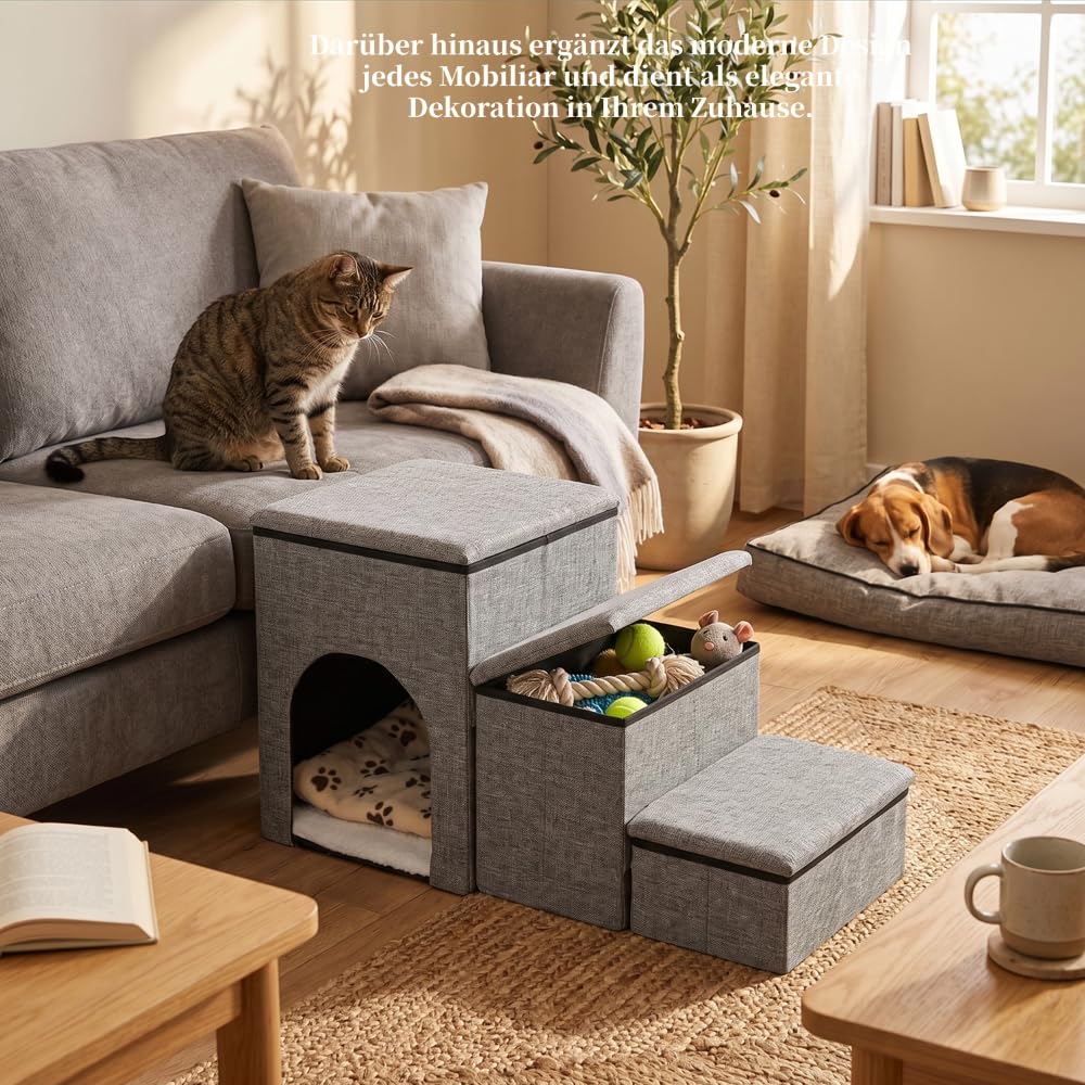Hundetreppe für Kleine Hunde mit Stauraum und Katzenöffnung, Breite Dog Stairs Faltbare mit Rutschfestem Boden für Bett und Couch, Hundetreppe Kleine Hunde 3 Stufen (Grau)