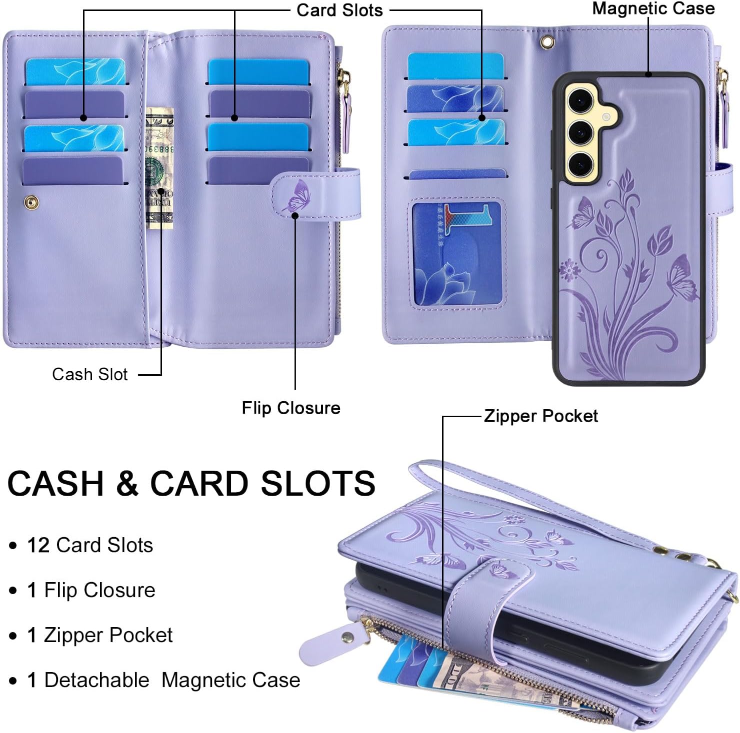Lacass Case Wallet for Samsung Galaxy S24 FE S24FE 2024, [12 Card Slots] ID Credit Cash Holder Zipper Pocket Detachable Leather Wallet Cover with Wrist Strap Lanyard（Floral Light Purple）