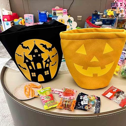 Miniatura 5 de 2 cubos de Halloween para truco o trato para niños, cesta espeluznante de lona de calabaza, multiusos, portátil, reutilizable