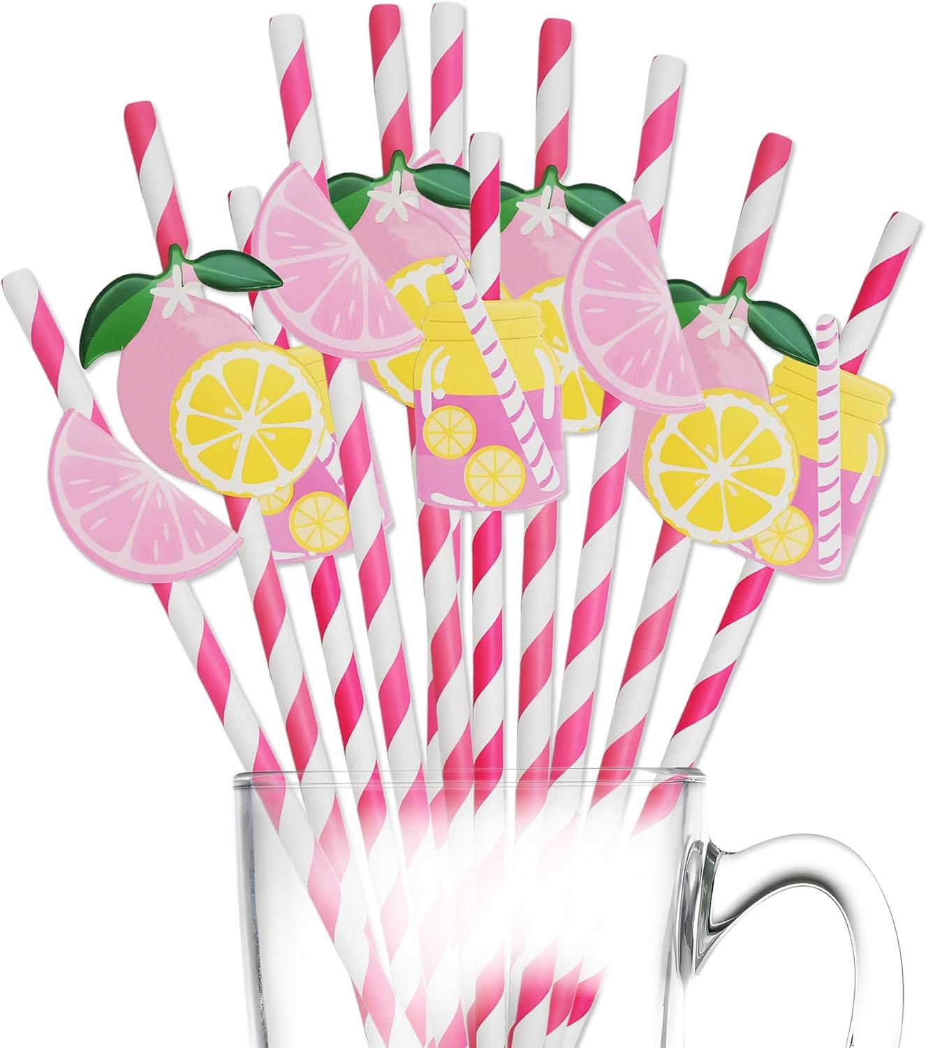 60Pcs Cute Lemon Paper Straws Yellow and Pink Lemon Disposable Cocktail Straws Lemonade Stand Striped Decorative for Birthday Baby Shower Bridal Wedding Anniversary Decor (Pink)
