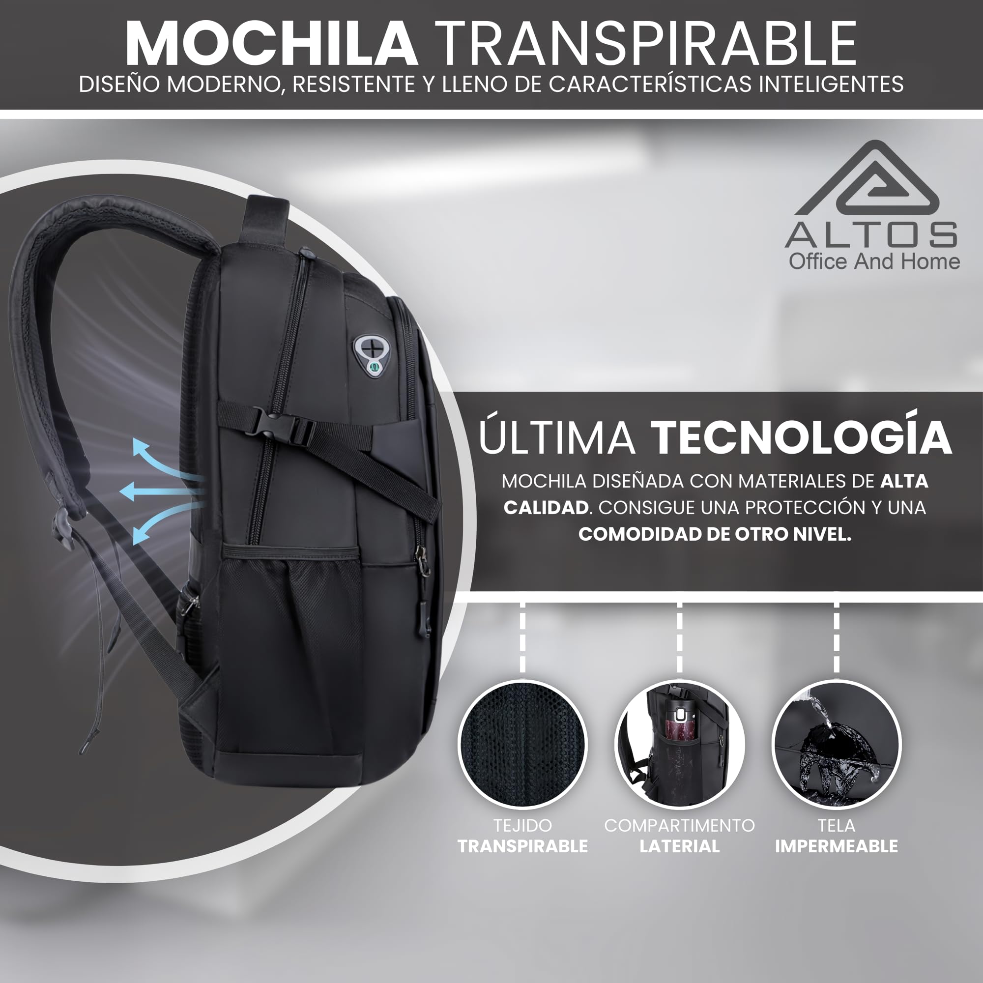 ALTOS OFFICE AND HOME Mochila para Portátil de 15,6 Pulgadas con Conexión USB, Impermeable, Protección contra Robo, para Viajes de Negocios, Estudio y Senderismo, Color Negro
