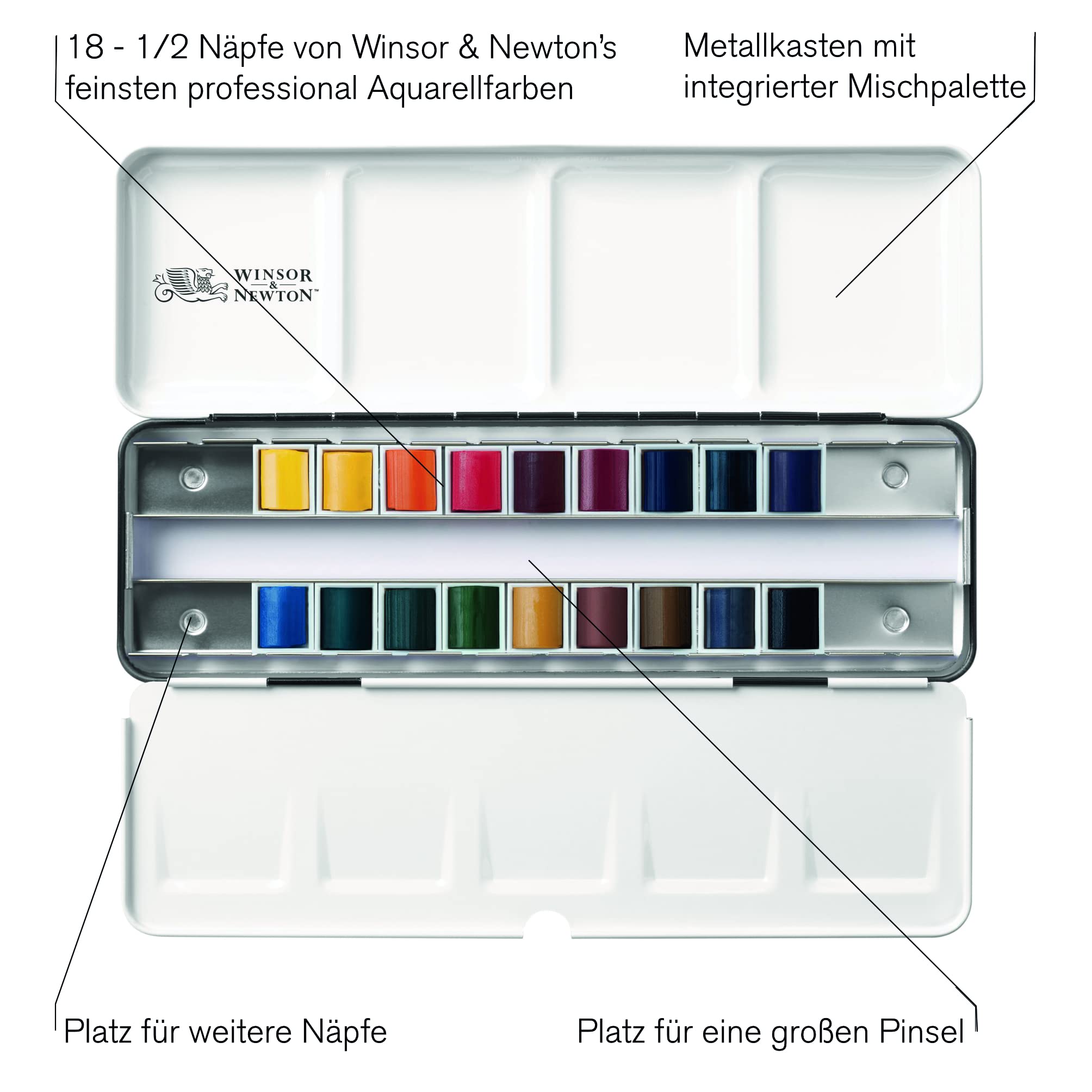Winsor & Newton 0190100 Professional Aquarellfarbe, lebendige Wasserfarben in Künstlerqualität, hohe Farbbrillanz & Leuchtkraft, lichtecht, Archivqualität - Metall-Reisekasten 18 Farben in 1/2 Näpfen