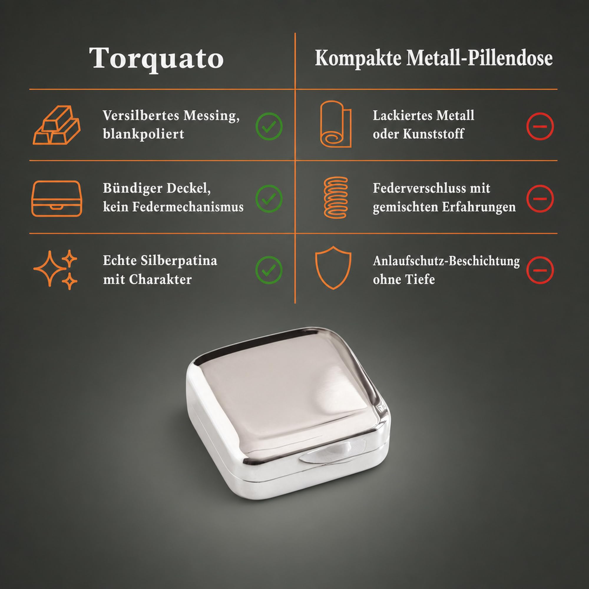 TORQUATO Pillendose Pure, versilbertes Messing, flach für Jackentasche