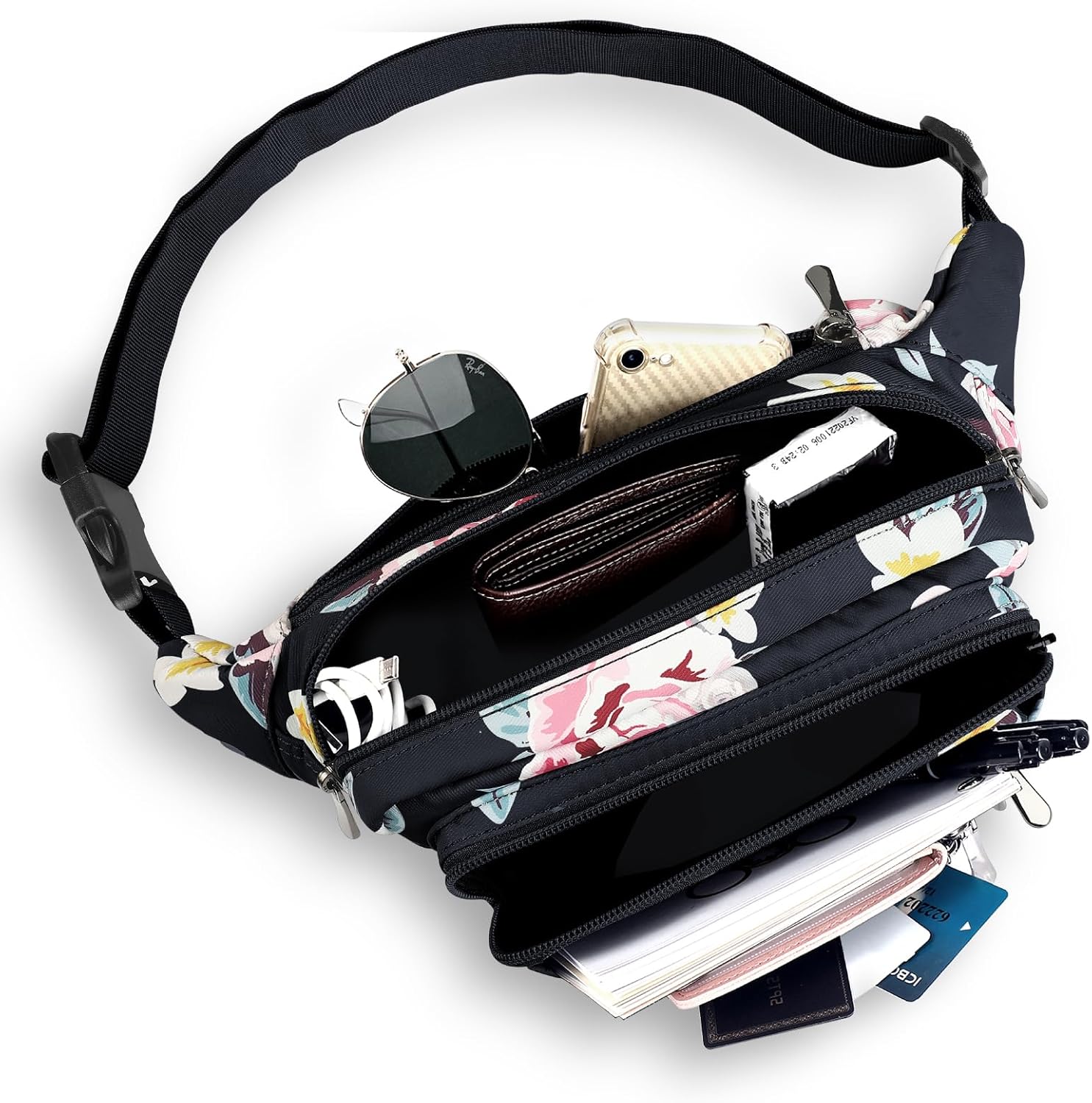 Waist Pack Bag Fanny Pack for Men&Women Hip Bum Bag with Adjustable Strap for Outdoors Workout Traveling Casual Running Hiking Cycling (New Black Flowers) - Image 2