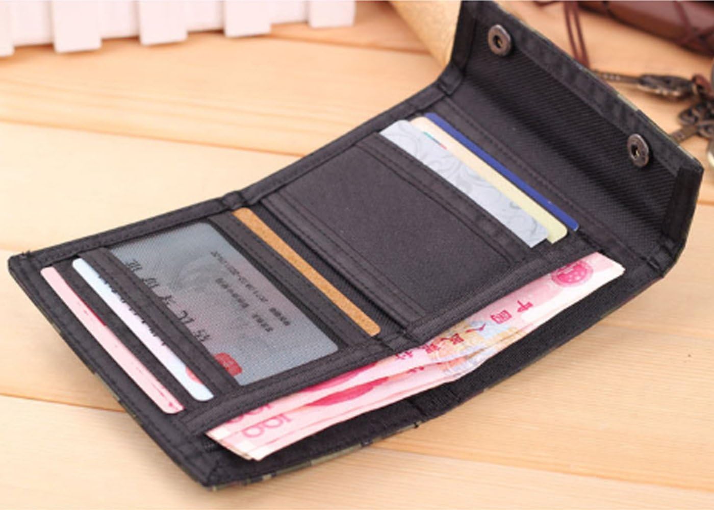 Men Boys Tri-fold Camouflage Color Wallet Casual Army Classic Canvas Purse Organizer with Zipper Coin Pouch Credit Card Holder with Chain for Travel and Daily Use Birthday Christmas Gifts - Image 4