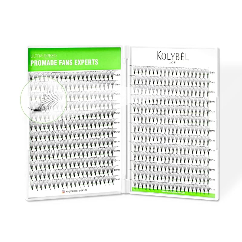 Extensões de cílios Kolybel com 500 fans pré-montados, 14D, espessura 0,03 mm, curvatura C, base fina pontiaguda, 15 mm (500fans-14D-0.03-C,15mm)