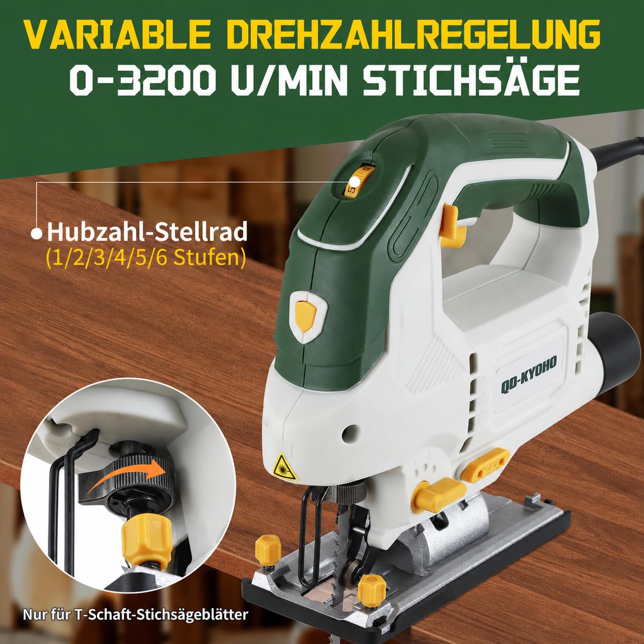 Stichsäge 800 W mit Laser und LED, 6 Geschwindigkeiten, 4 Pendelstufen, 100 mm Holz und 10 mm Metall, 45° Gehrungsschnitt, T-Schaft Schnellwechsel