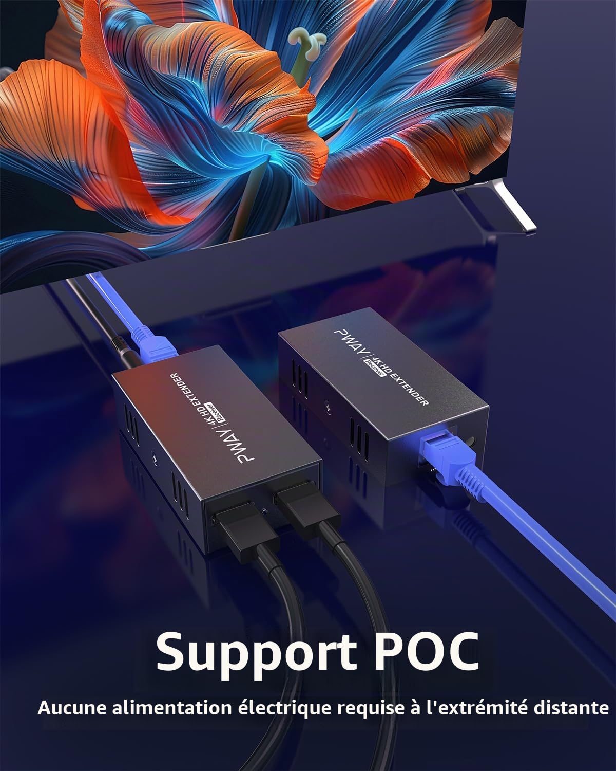 PWAY Extendeur HDMI 60m 4K@60Hz avec Loop Out, Transmission Longue Distance Via Câble Cat6/7, Support EDID/HDCP, Compatible PC, TV, Projecteur, PS5, Xbox – Répéteur HDMI avec Sortie Locale
