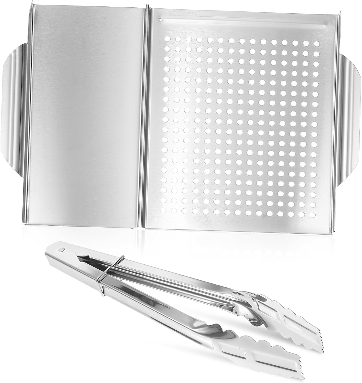 Amosfun 1Set Stainless Steel Grilling Tray with Food Tong Perforated Bbq Grill Serving Platter for Outdoor Cooking Easy to Clean for Even Cooking and Flavor Enhancement