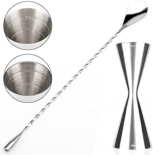 YUNAI 1 Stainless Steel Double Cocktail Jigger Spirit Measure and 1 Bar Twisted Spoon for Bar Party Home Bartender Wine Drink, Bar Alcohol Drink Measure Cup Set with Mark 10/15/20/30/45ml Silver