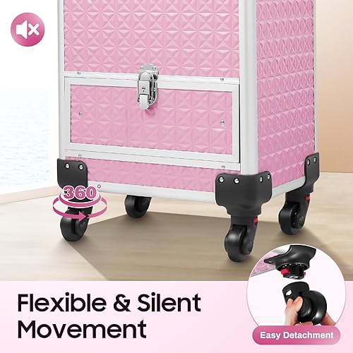 Miniatura 7 de Caja de tren de maquillaje profesional, caja cosmética de aluminio con ruedas para maquillaje de viajearte de uñaspeinado, rosado (13.4*9.8*18.5inch