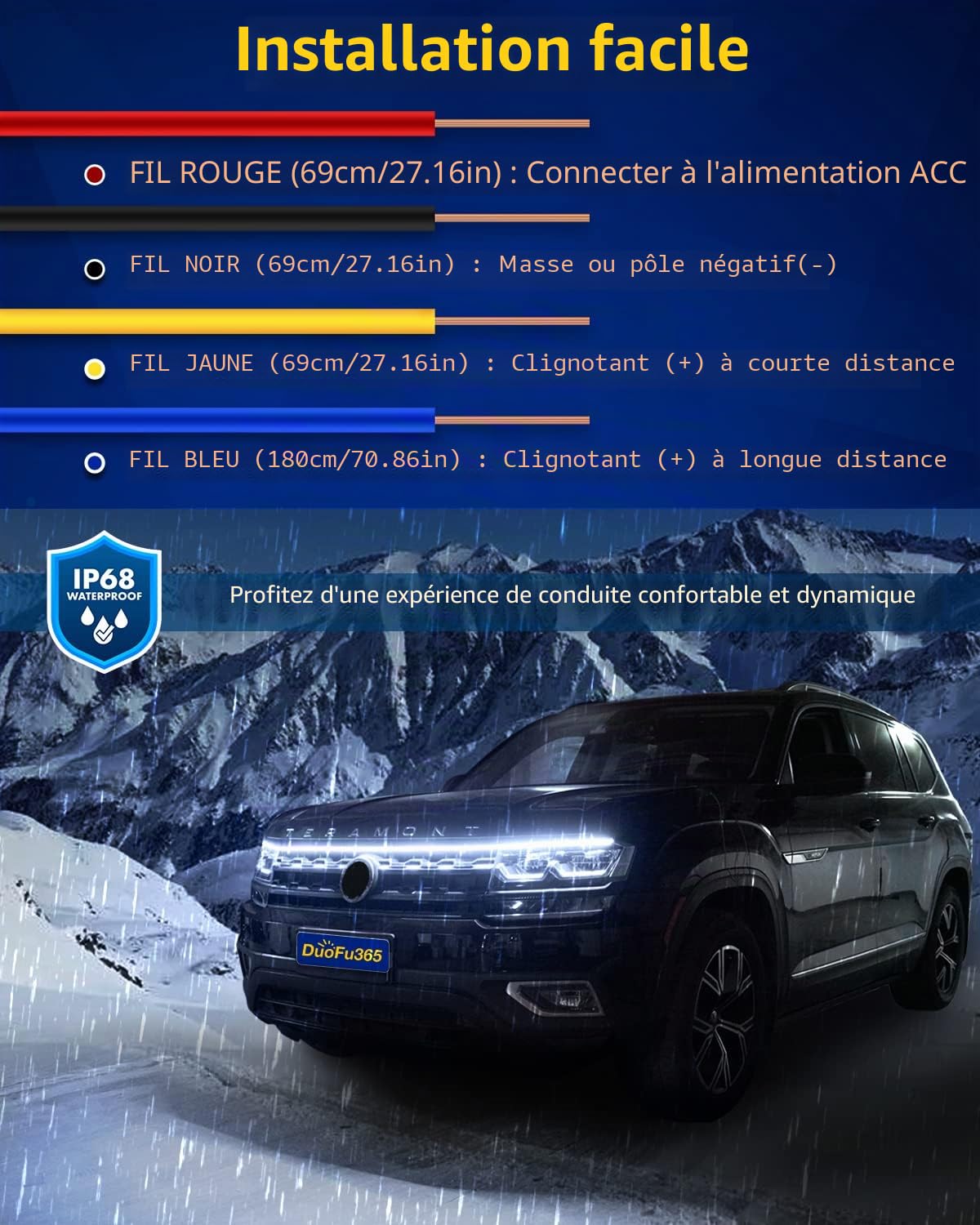 Bande lumineuse LED extérieure pour capot de voiture, double couleur, balayage dynamique, faisceau de démarrage, feux de circulation diurnes LED blancs et ambrés, clignotants séquentiels pour voitures