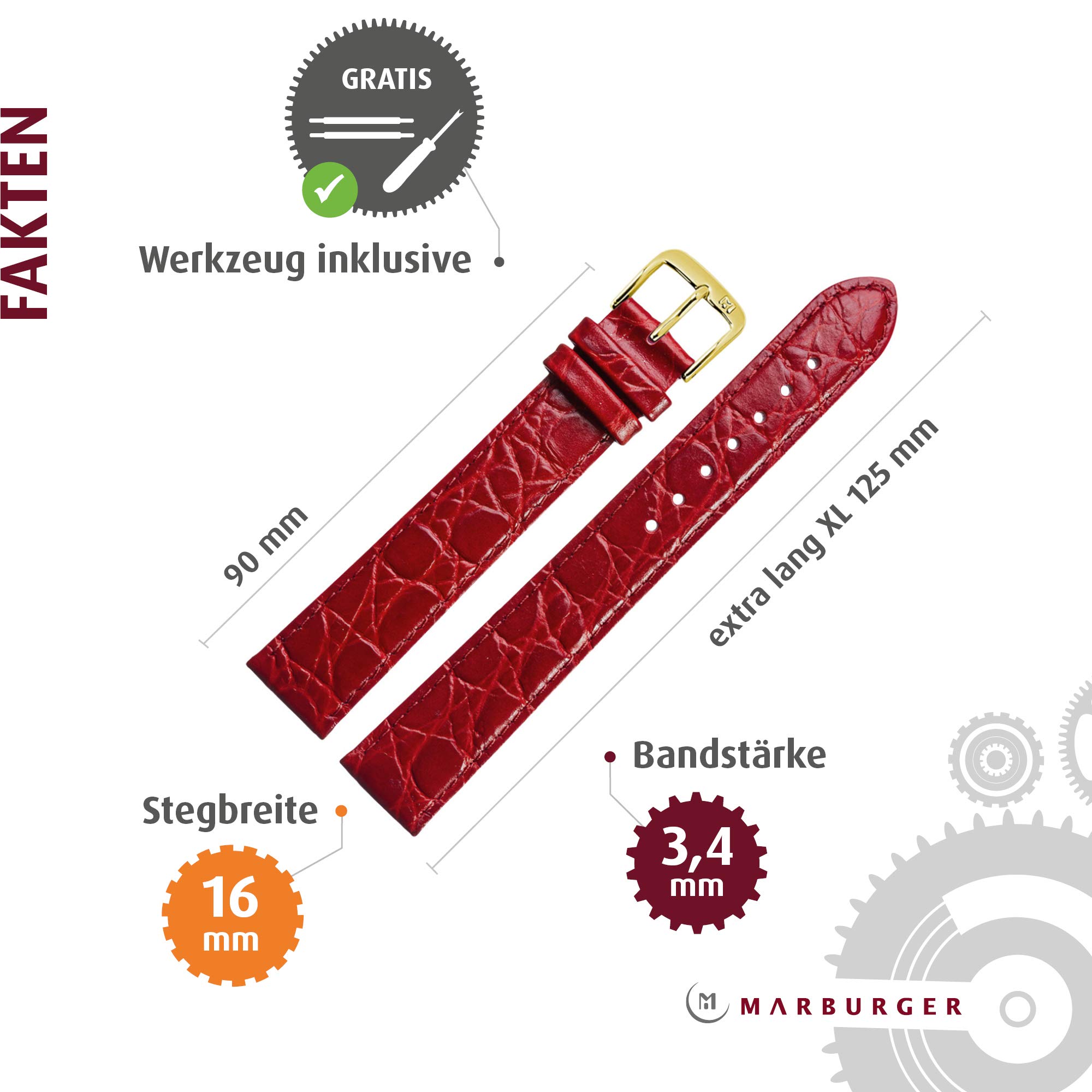 MARBURGER Uhrenarmband 16mm Leder Kroko Prägung XL - Werkzeug Montage Set 68116