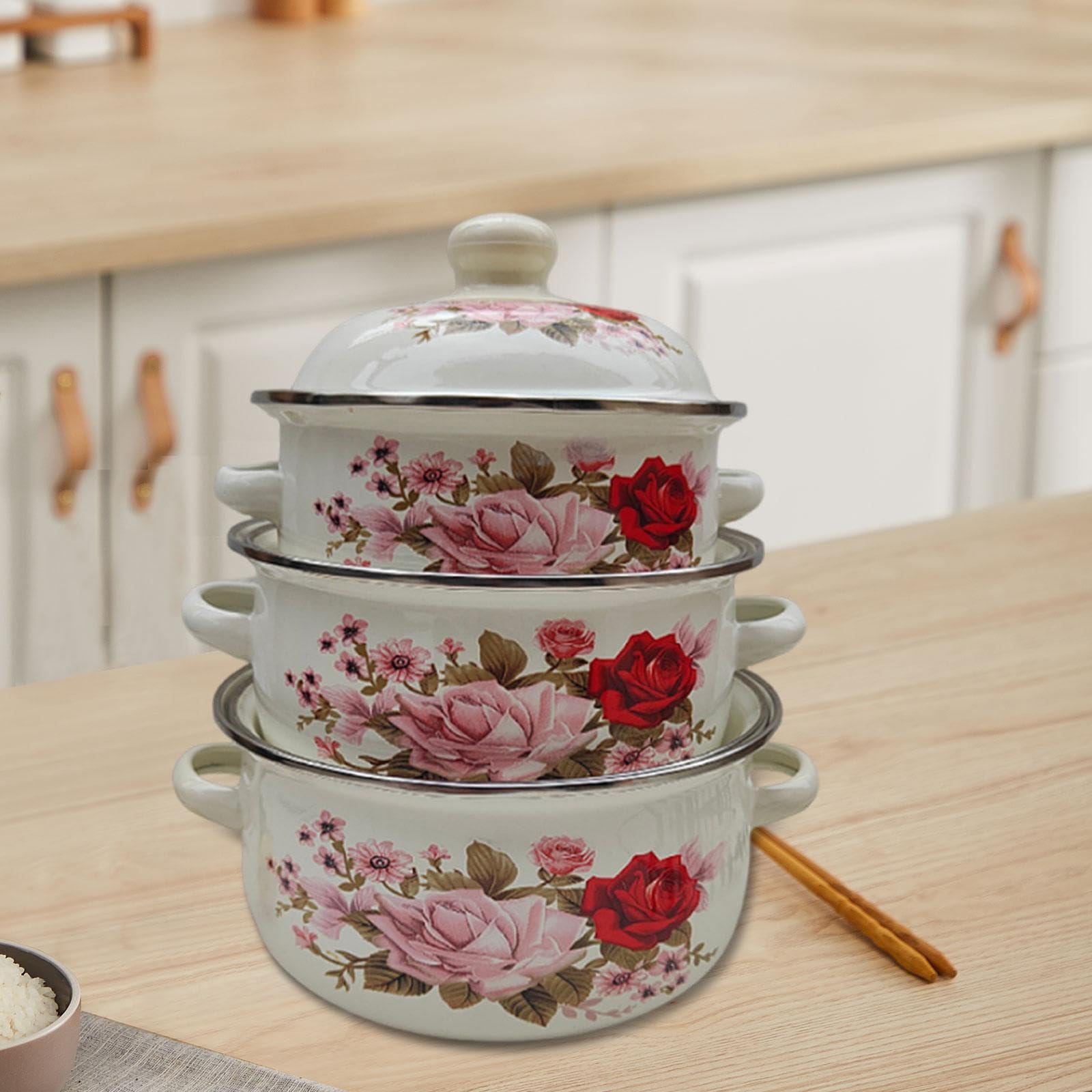 3 Emaille Suppentopf Set mit Deckel Und Zwei Griffen Gleichmäßige Wärmeverteilung für Milch Nudeln Und Babynahrung für Haushalt, Style A