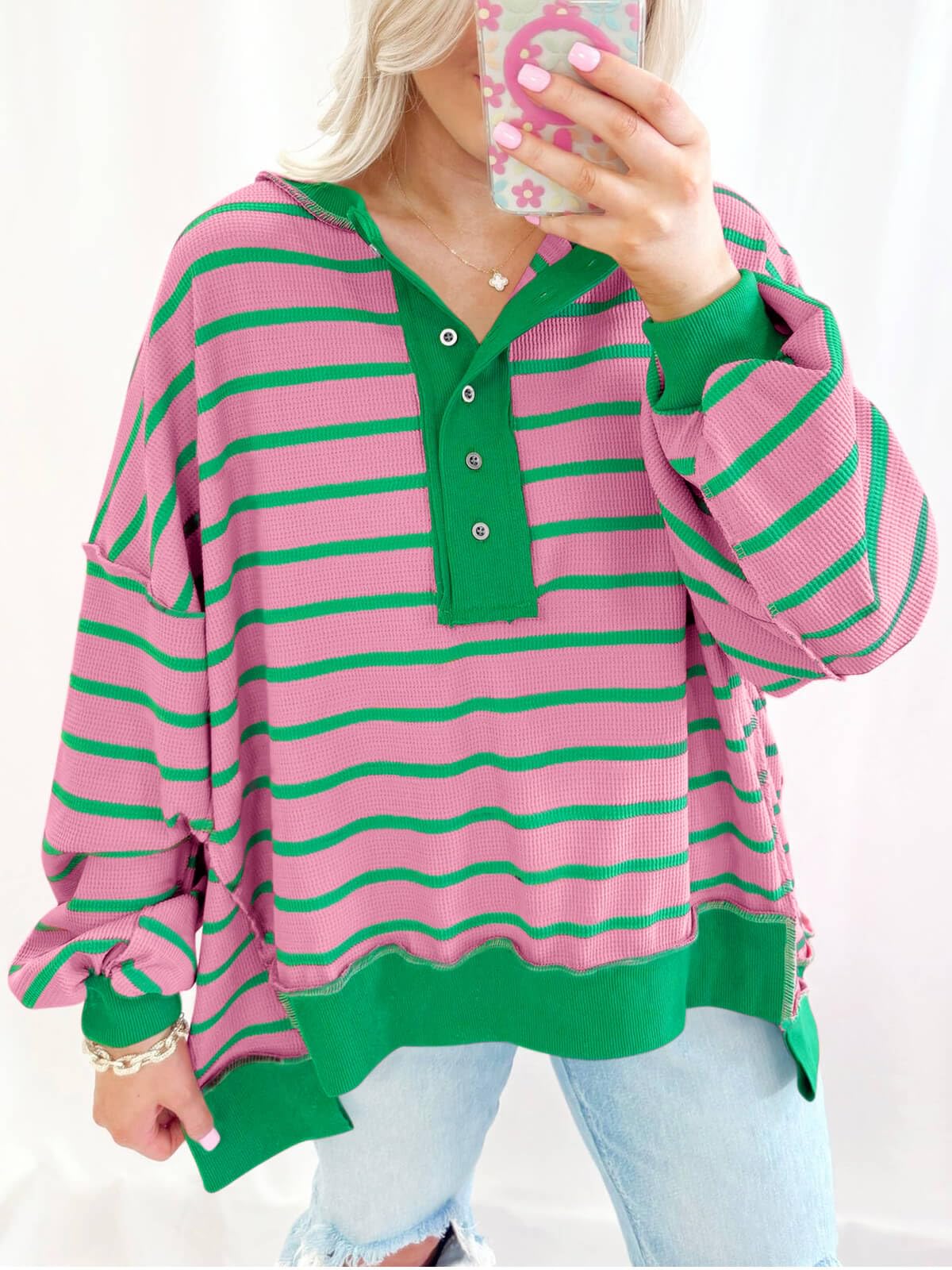 Sudaderas de gran tamaño para mujer, a rayas, estilo Henley, con bloques de color, informal, de punto gofre — view 3