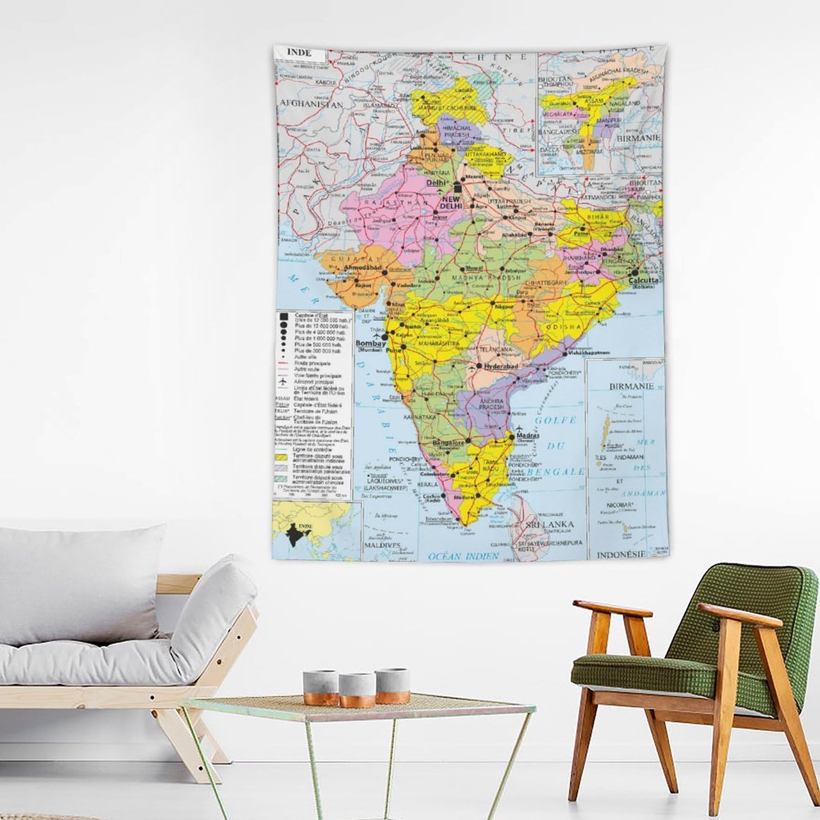 Affiches de carte du monde de l'Inde - Impressions d'art cool - Impression d'art mural à suspendre - Décoration d'intérieur - Idée cadeau - 152,4 x 203,2 cm