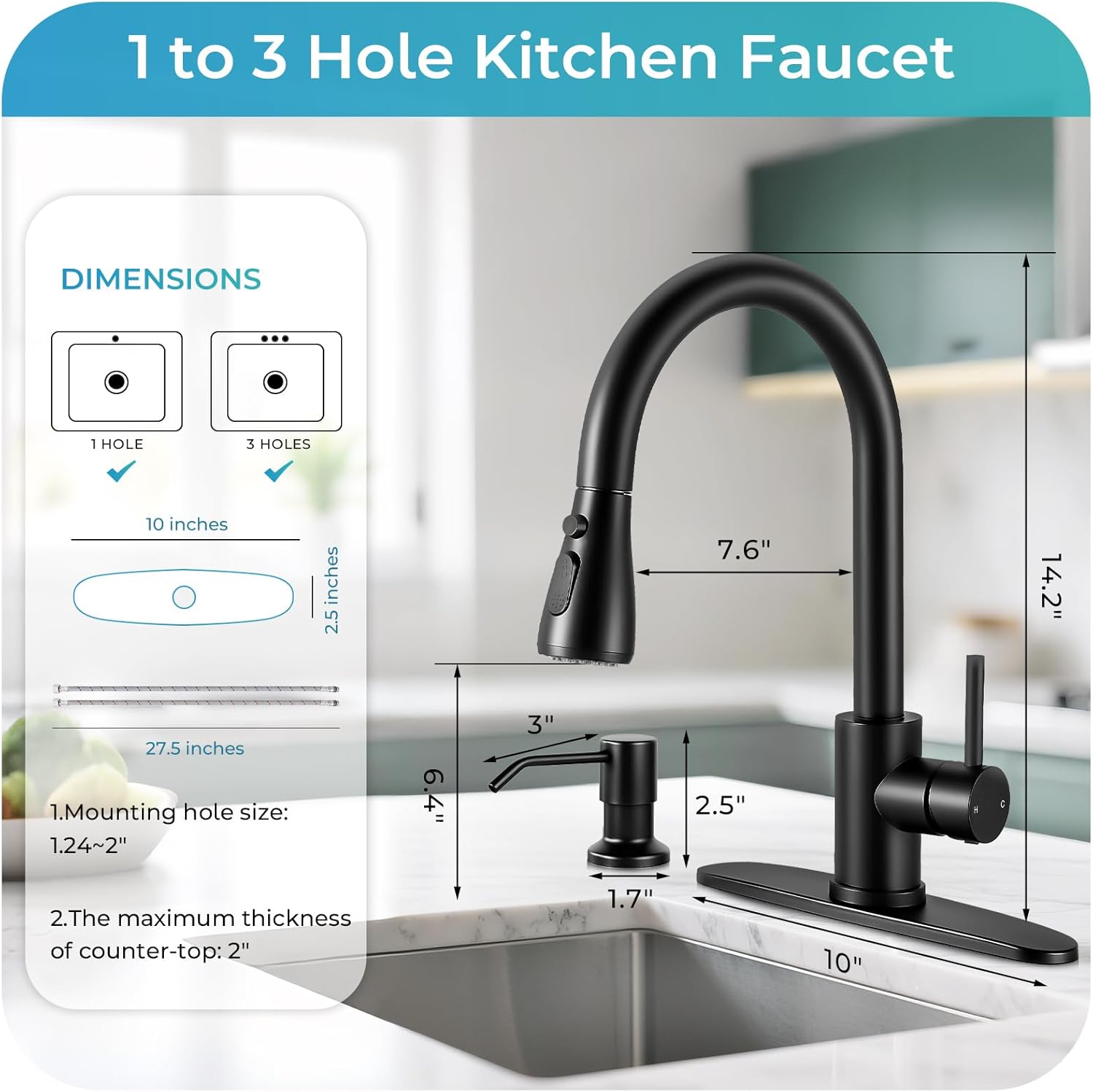 Pull Down Kitchen Faucet with Soap Dispenser - Matte Black Single Handle Kitchen Faucets, High Arc Stainless Steel Pull Out Kitchen Sink Faucet with Deck for RV Laundry Farmhouse Bar
