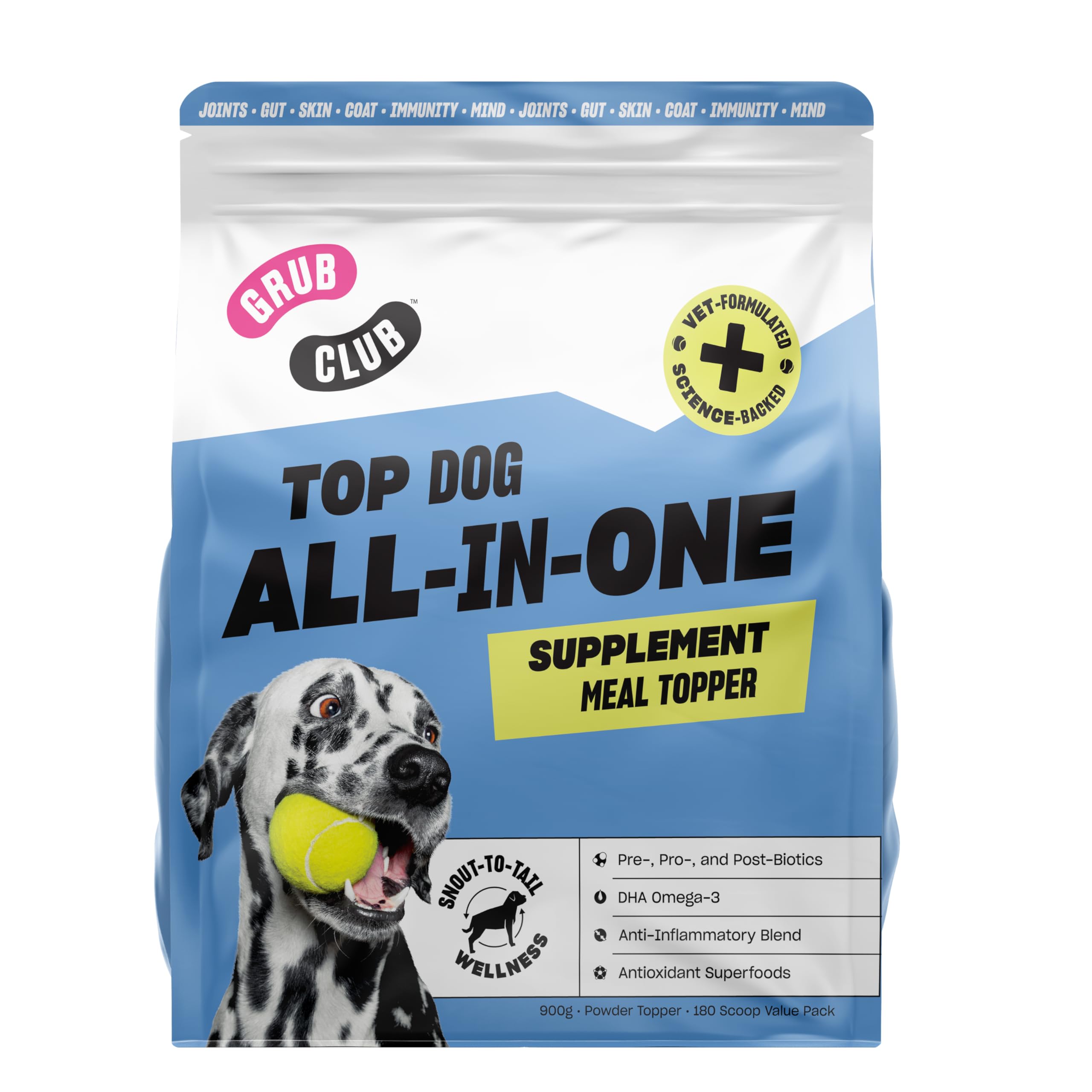 Grub Club Top-Dog All In One Dog Food Topper (900g - Up To 6 Month Supply) - Dog Health Supplement Topper With Glucosamine, Prebiotic Fibre, Probiotics For Dogs, Omega 3 & Vitamins - Made In The UK
