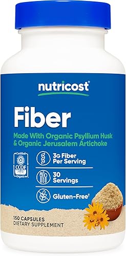 Cápsulas de fibra Nutricost con suplemento de fibra prebiótica 150 cápsulas - Suplemento certificado CCOF, hecho con cáscara de psyllium orgánica y