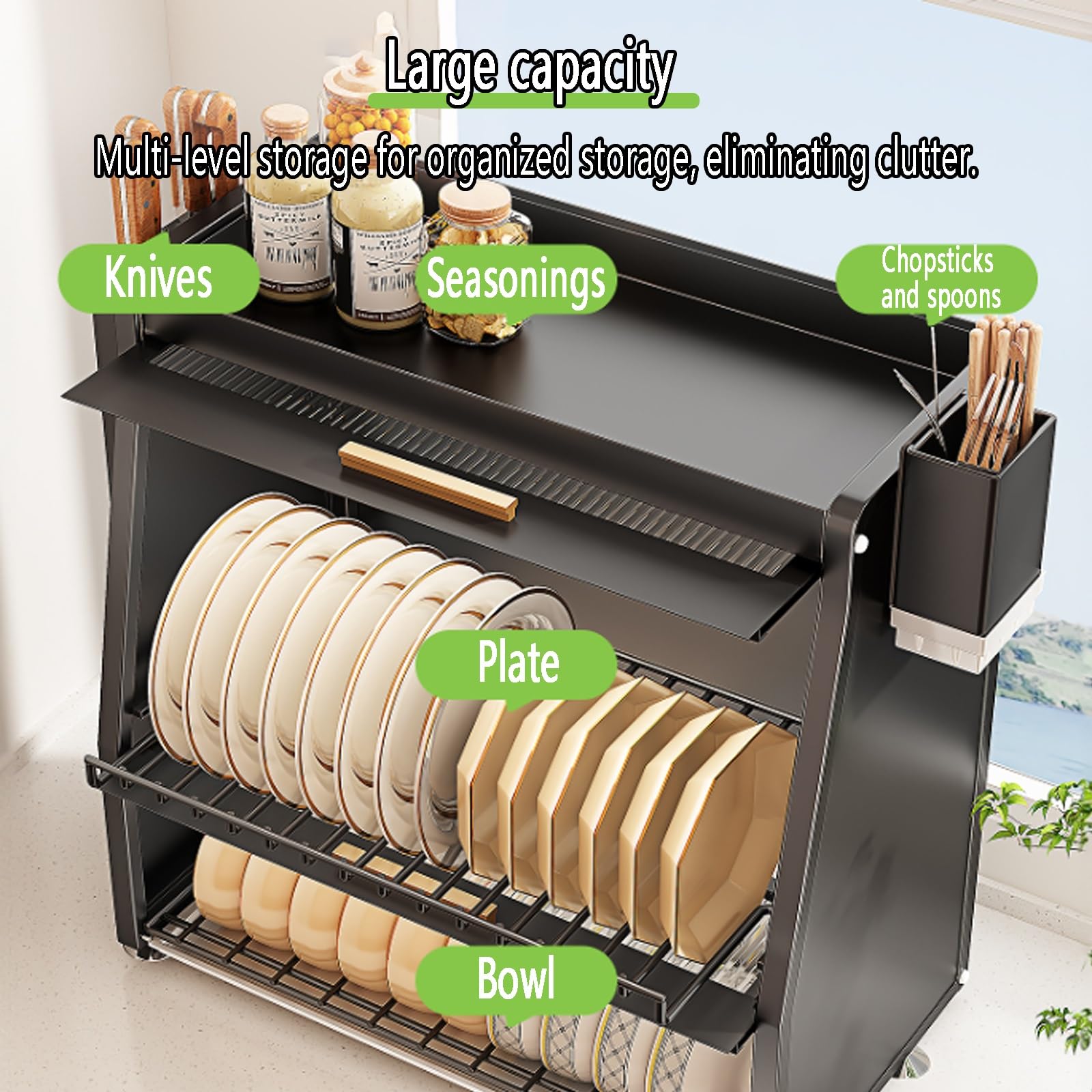 Égouttoir à vaisselle à 3 niveaux Avec Portes de Placard rabattables, Grand égouttoir de Rangement pour comptoir de Cuisine, organisateur d'évier Gain de Place, Acier au Carbone,
