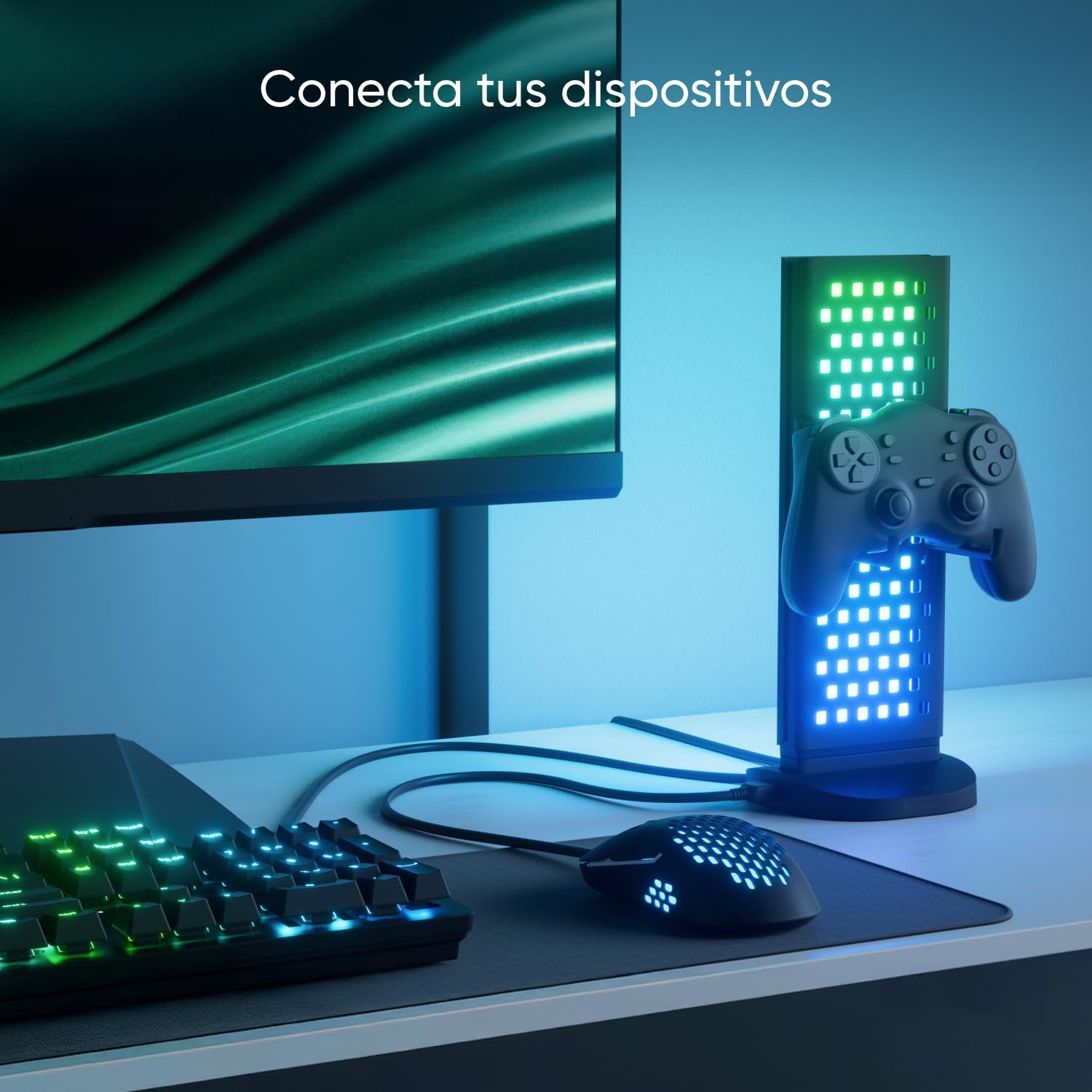Nanoleaf Hub Luminoso para Gaming Blanco, Lámpara Mesa Inteligente RGB 3-en-1 con Soporte Auriculares/Mando, Iluminación Doble Cara, Dock USB-C, Sync Música y Pantalla vía App, Luz Ambiental Gaming