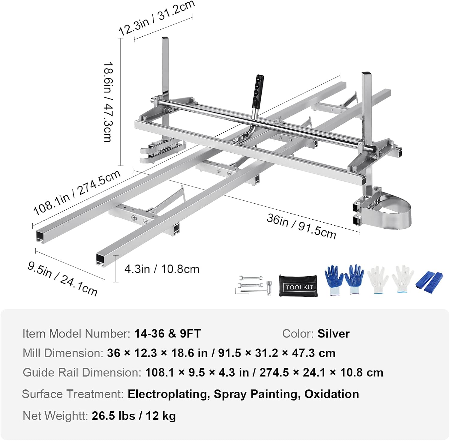 VEVOR Chainsaw Mill and Rail Mill Guide System, Portable Sawmill 14"-36" Guide Bar, 9ft Aluminum Saw Milling Rail Guide with Chainsaw Planking Mill for Woodworkers and Carpenters