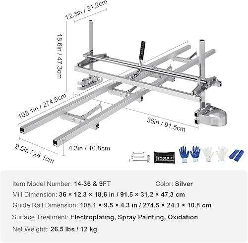 Miniatura 7 de VEVOR Sistema de guía de molino de motosierra y molino de riel, barra guía portátil de 14 a 36 pulgadas, guía de riel de fresado de aluminio de 9