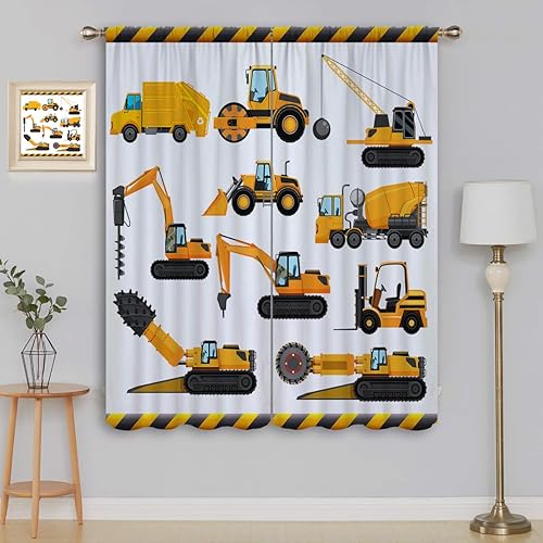 Cortinas opacas de construcción para niños y niñas, decoración de oscurecimiento de habitación, bulldozer de dibujos animados amarillos, tractor,