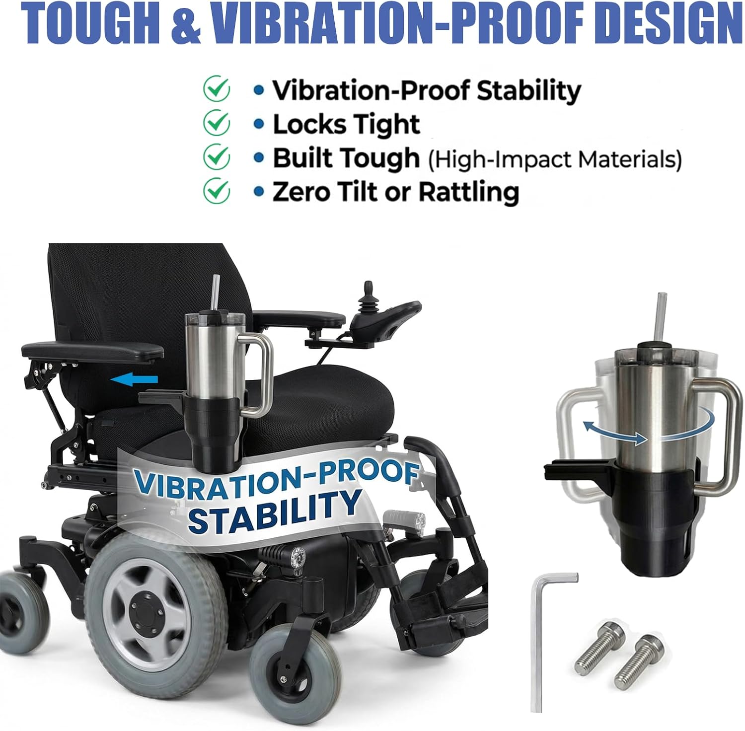 Condition photo showing New/Like New for wheelchair cup holder for permobil uni-track,secure t-slot mount,includes mounting screws,fits secure drink carrier for 40oz tumblers,water bottles & coffee mugs,easy install,stable movement