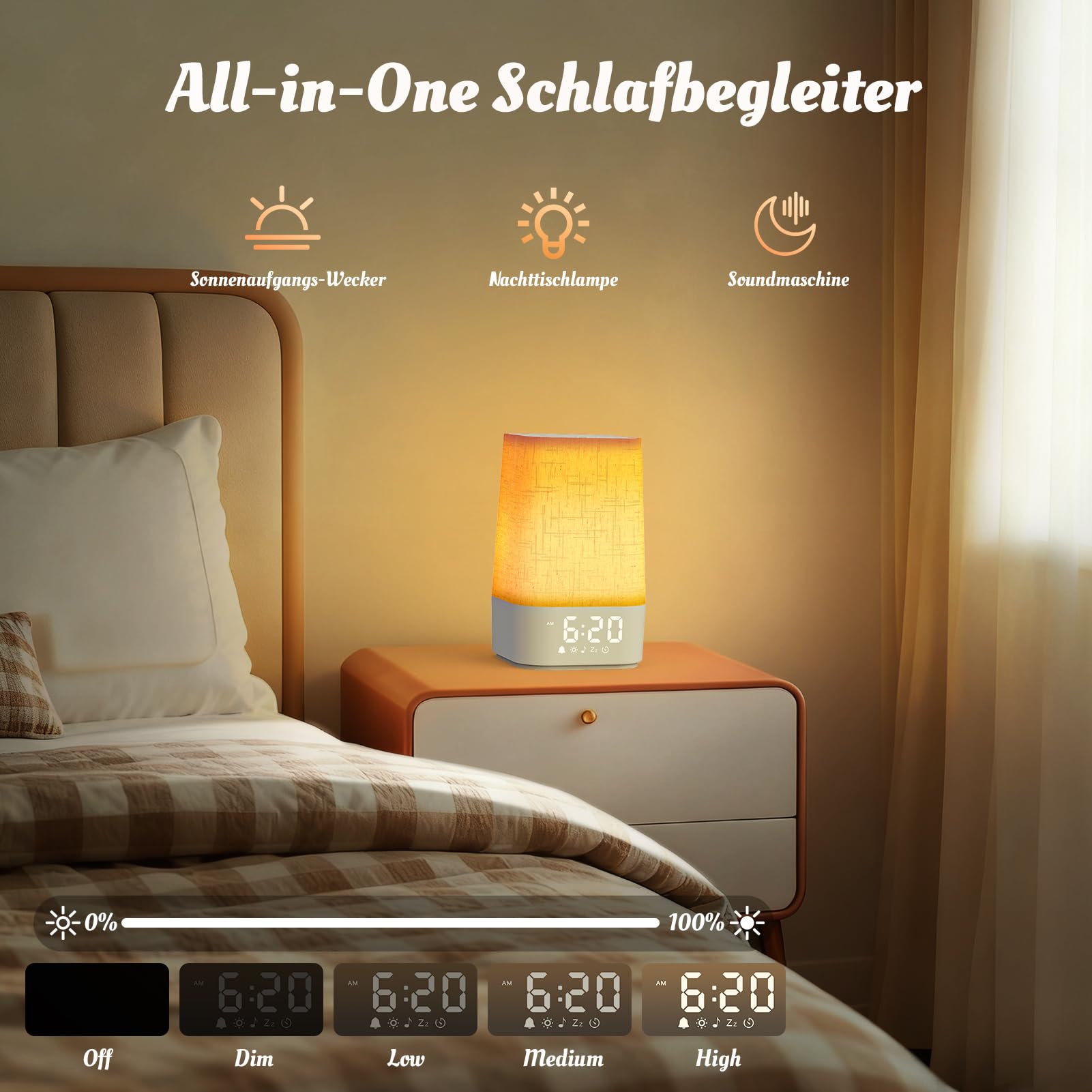 Tageslichtwecker mit 30 Naturgeräuschen, Lichtwecker Wecker mit Licht Sonnenaufgang, Dimmbares Nachtlicht RGB Wake Up Licht Nachttischlampe mit Ladefunktion, Timer