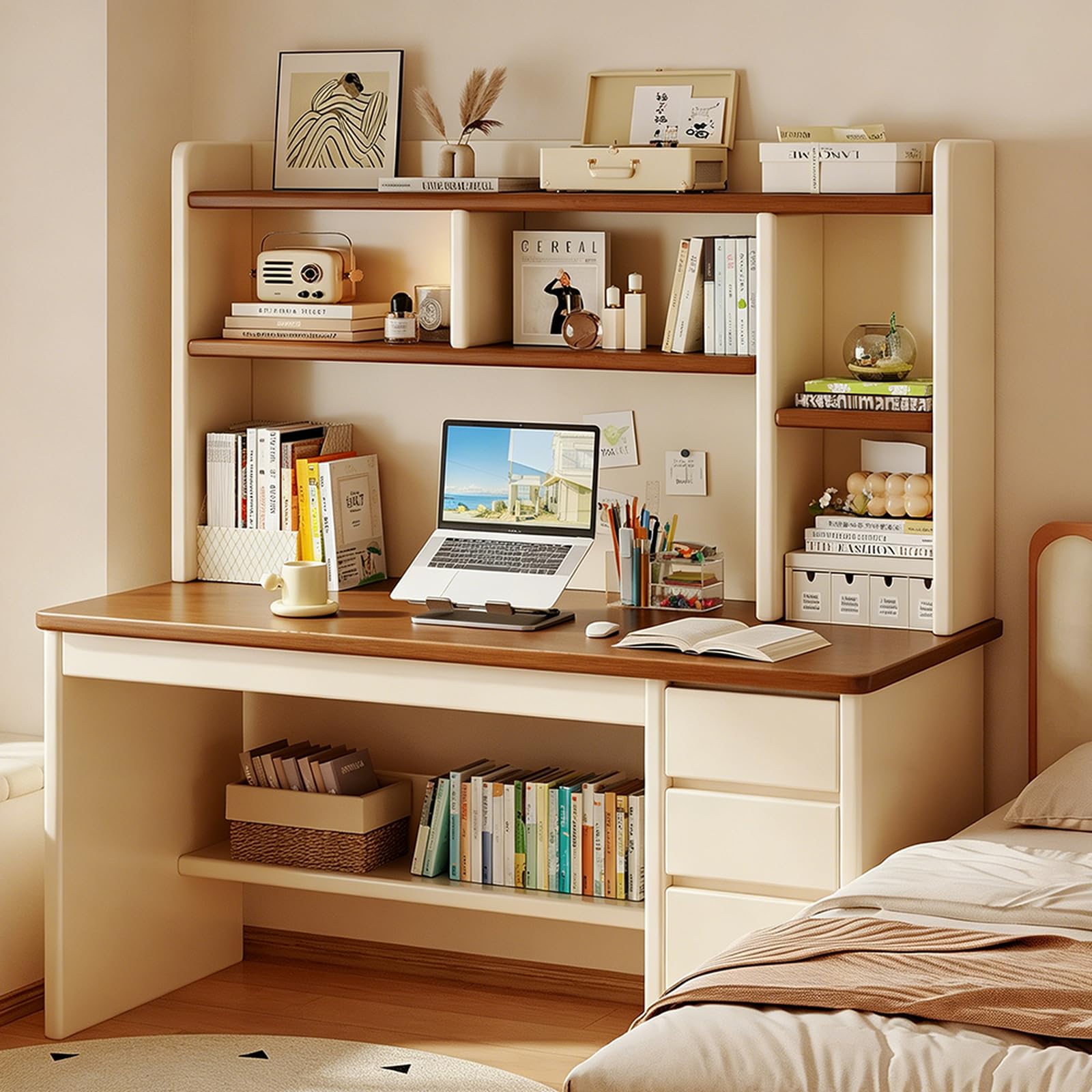 Mescxty B Wooden Computer Desk,Student Learning Table With Drawers,Hutch, Filing Cabinet,Compartment,External Shelving,Writing Desk Workstation For Home Office(120X50x134.5cm(47X20x53inch), )