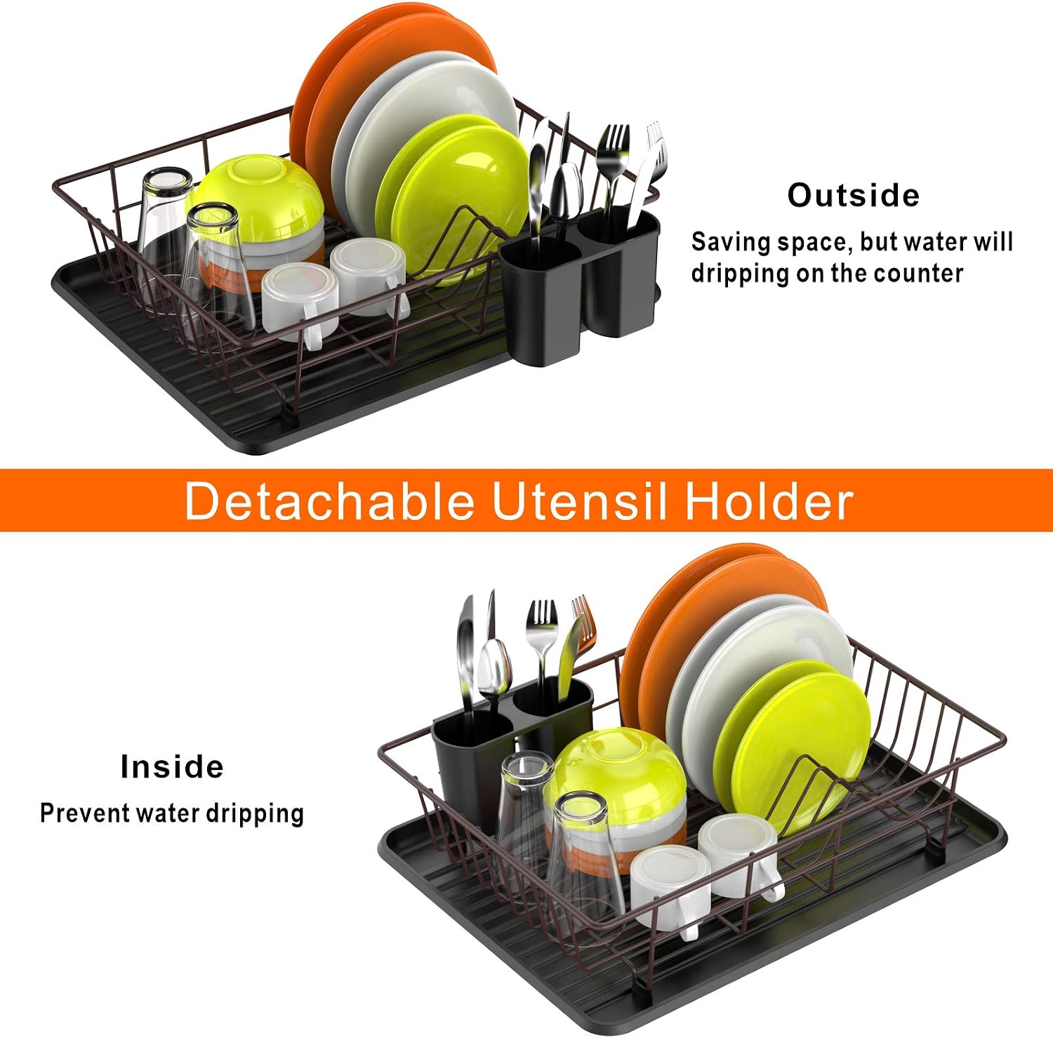 Cambond Dish Drying Rack, Small Dish Drainer for Kitchen Counter Rustproof Dish Rack and Drainboard Set with Utensil Holder, Countertop or in Sink Drying Rack (Bronze)