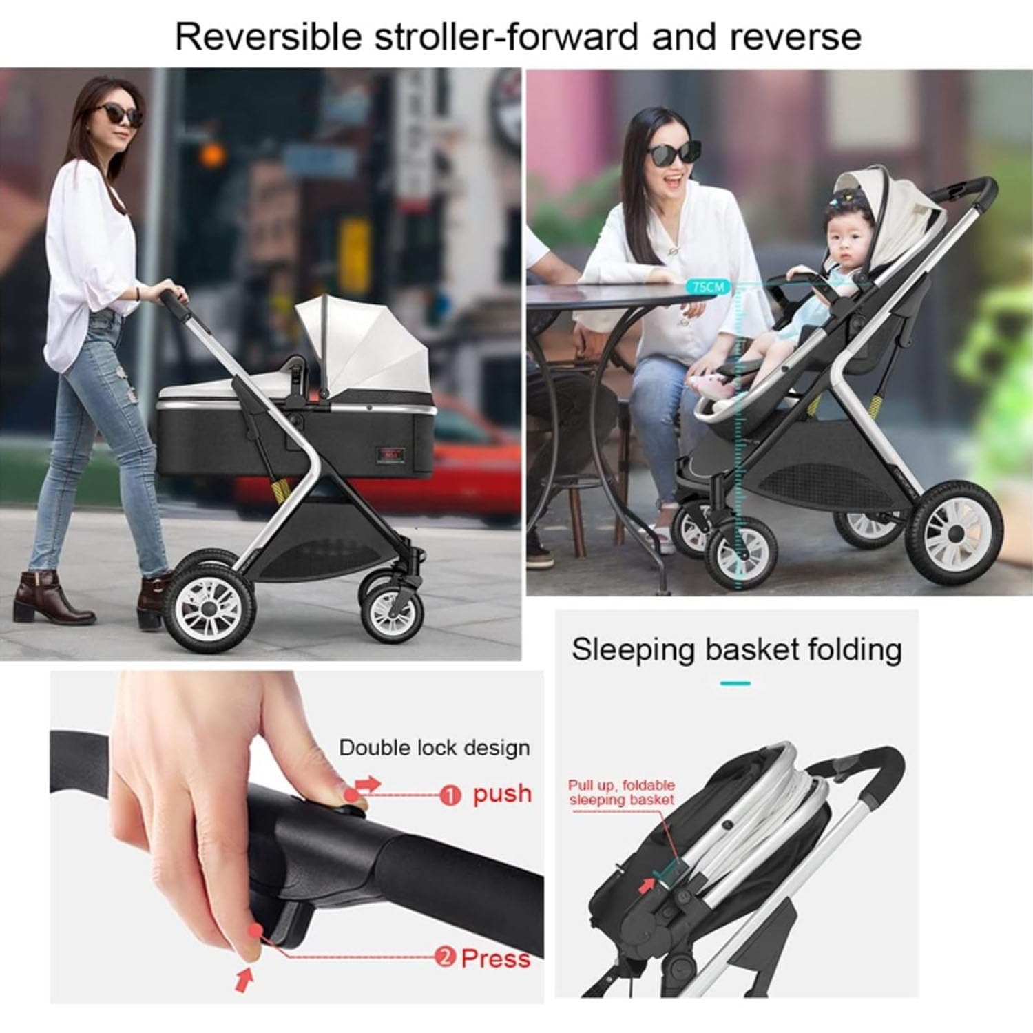 Cochecito doble para niños pequeños uno al lado del otro, cochecito de bebé de dos vías, cochecito gemelos, desmontable, asiento alto horizontal y toldo ajustable (blanco)