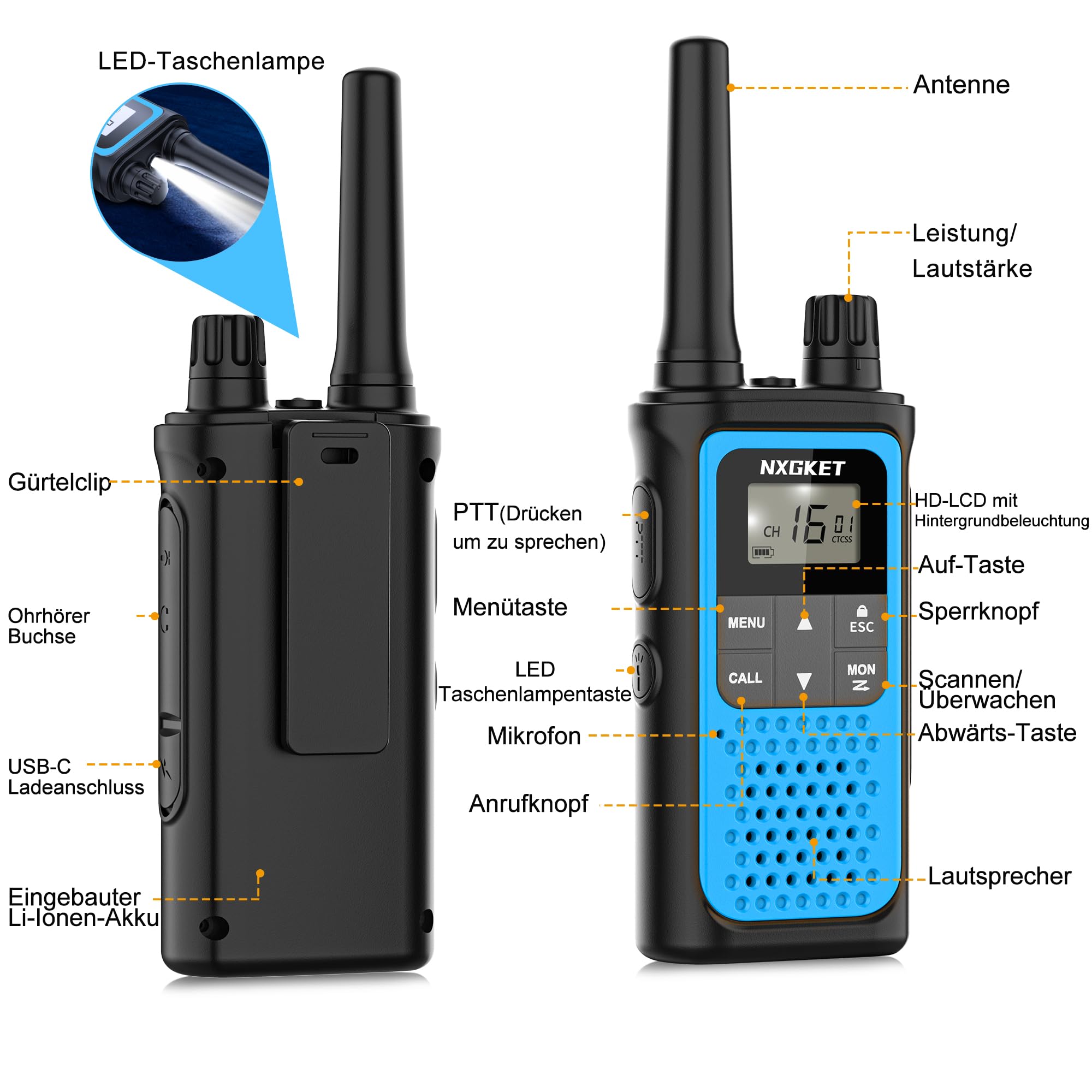 Walkie Talkie PMR446 Lizenzfrei Funkgeräte für Erwachsene Kinder,NXGKET ZX-808 Walki Talki Aufladbar mit 1800mAh Akku, 5km Reichweite 16 KanäLe mit Drehknopf für Abenteuer im Freien, Camping, Wandern