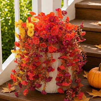 Fanfantoey Artificial Faux Silk Long Vines Petunias for Porch Patio Yard Balcony Outdoor Decor Fall Burgund Orang Yellow