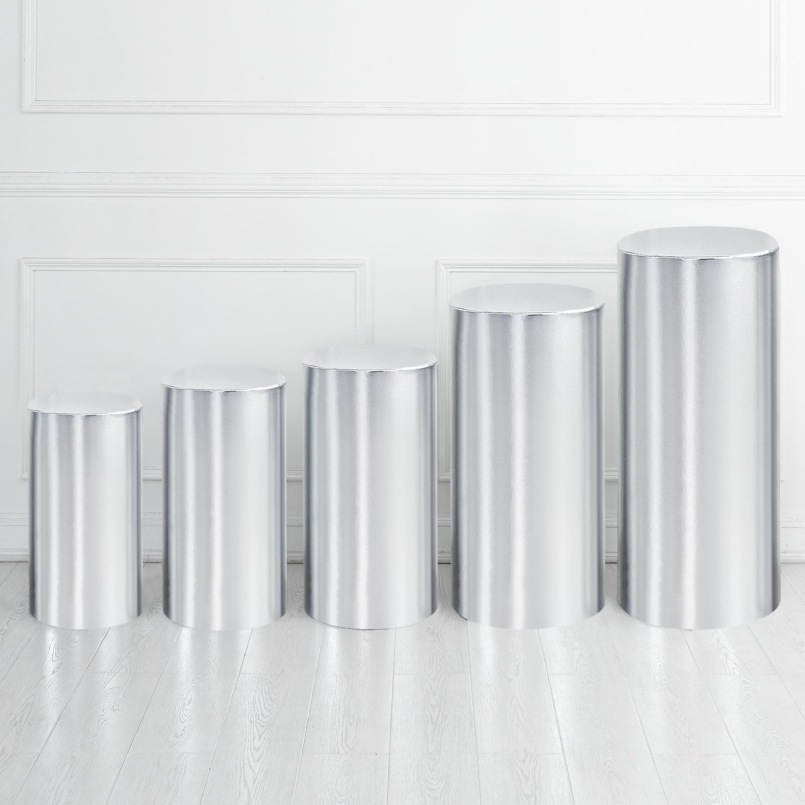QUARKZMAN Set of 5 Housses Pour Supports Cylindriques Ton Argenté, Housse Pour Socle Pour Décoration De Mariage Anniversaire Fête, Contient Uniquement (Tissu Métallisé)