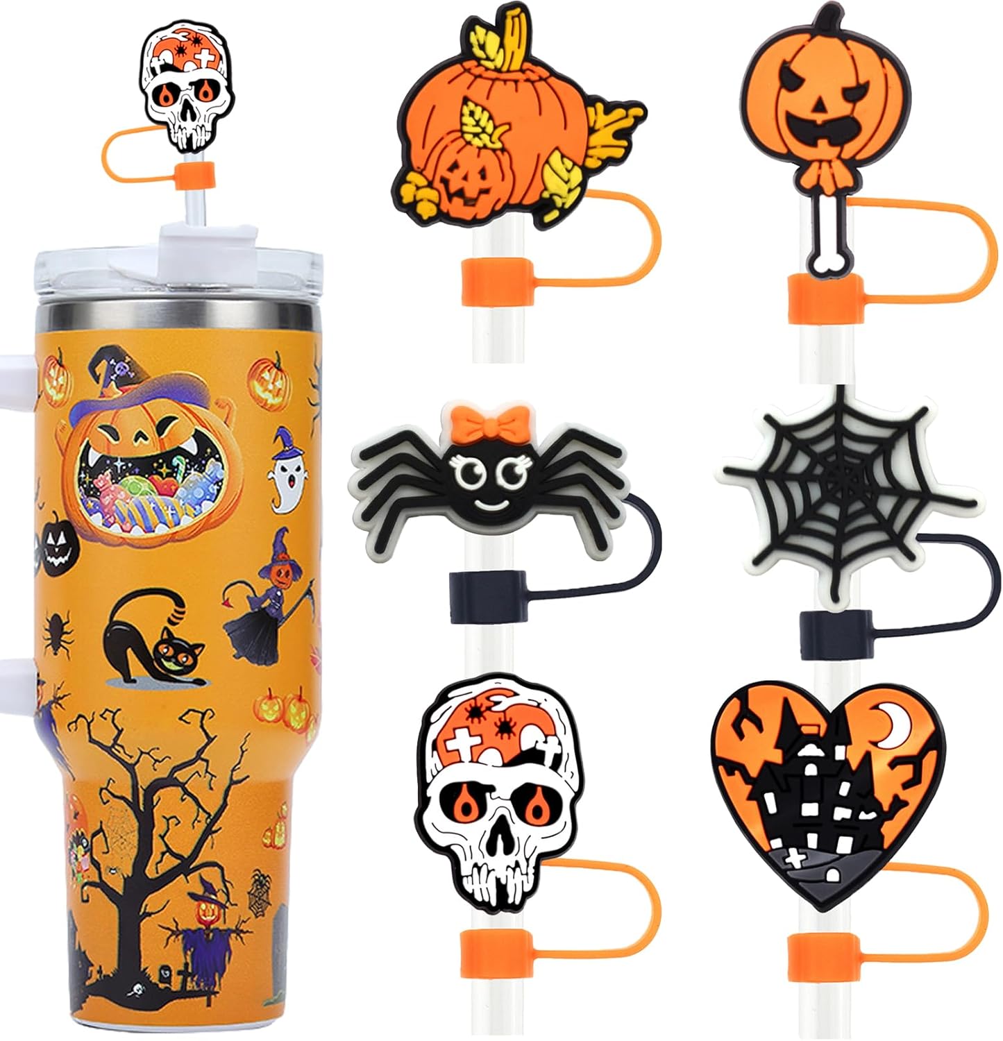 Stanley Straw Cap 6PCS, Topper for Stanley 30&40 Oz Tumbler - Spider Pumpkin Skull Silicone Straw Covers for Halloween Gifts