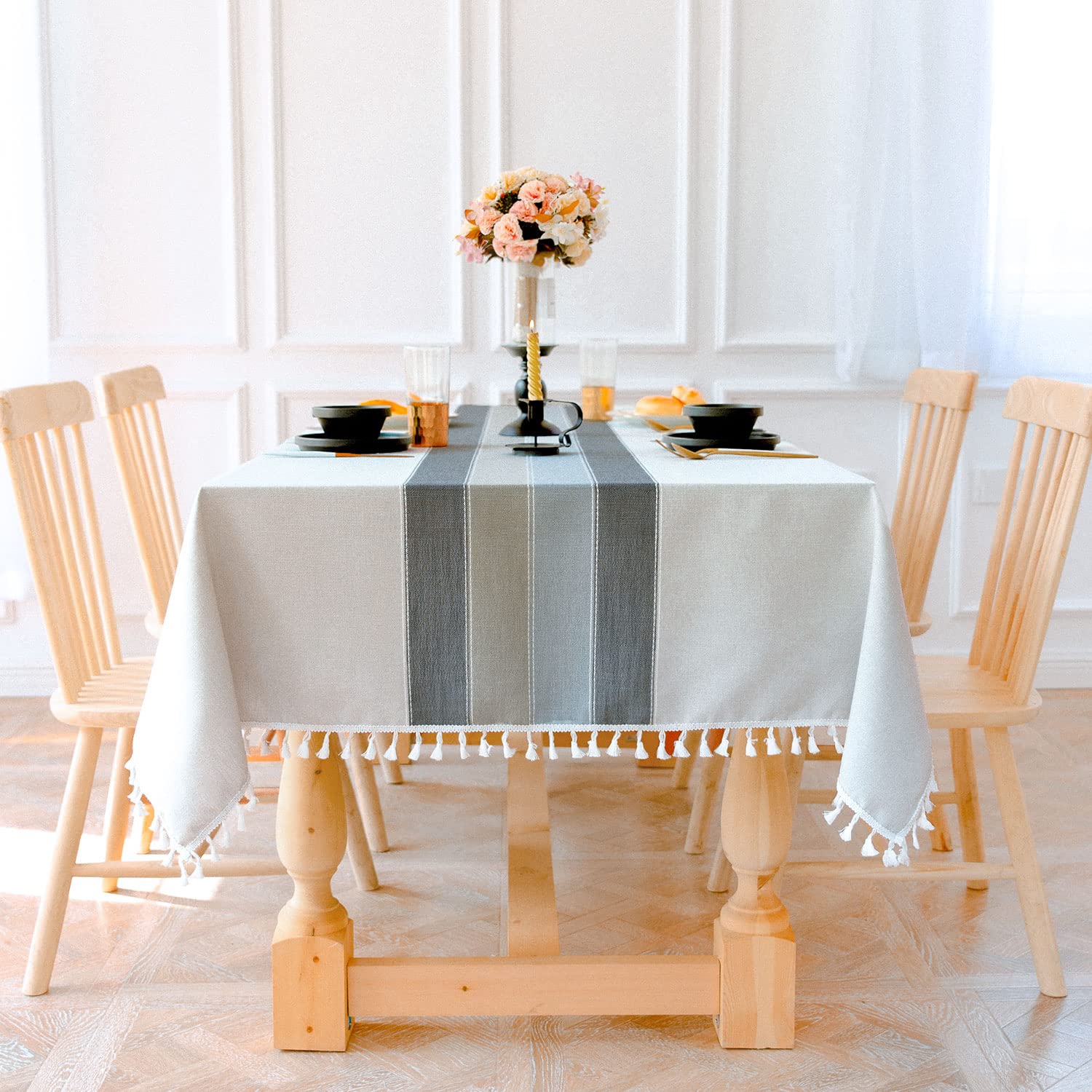 BESBESME Table Cloth Rustic Linen Boho Style,Kitchen Dining Room Striped Tablecloths for Square Tables, Washable Wrinkle Resistant Table Cover(55''x55'',4 Seats, Grey)