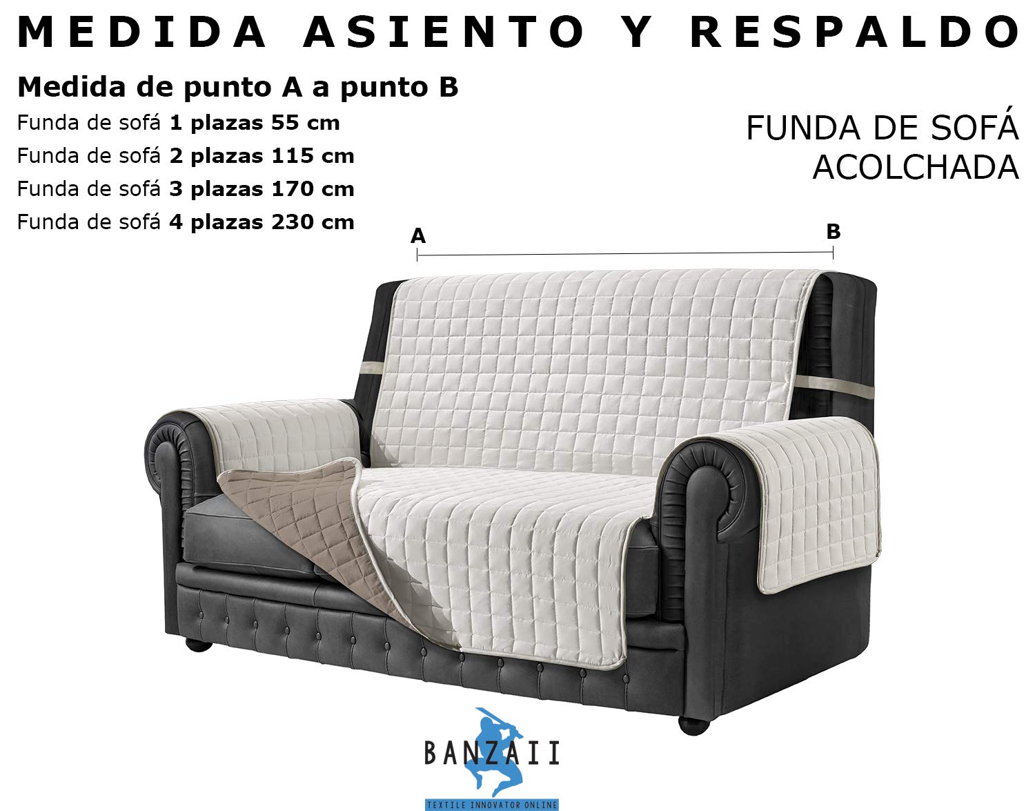 Banzaii Cubre Sofá Funda Sofá Acolchada Reversible – Protector para Sofá 4 Plazas, Crema y Arena